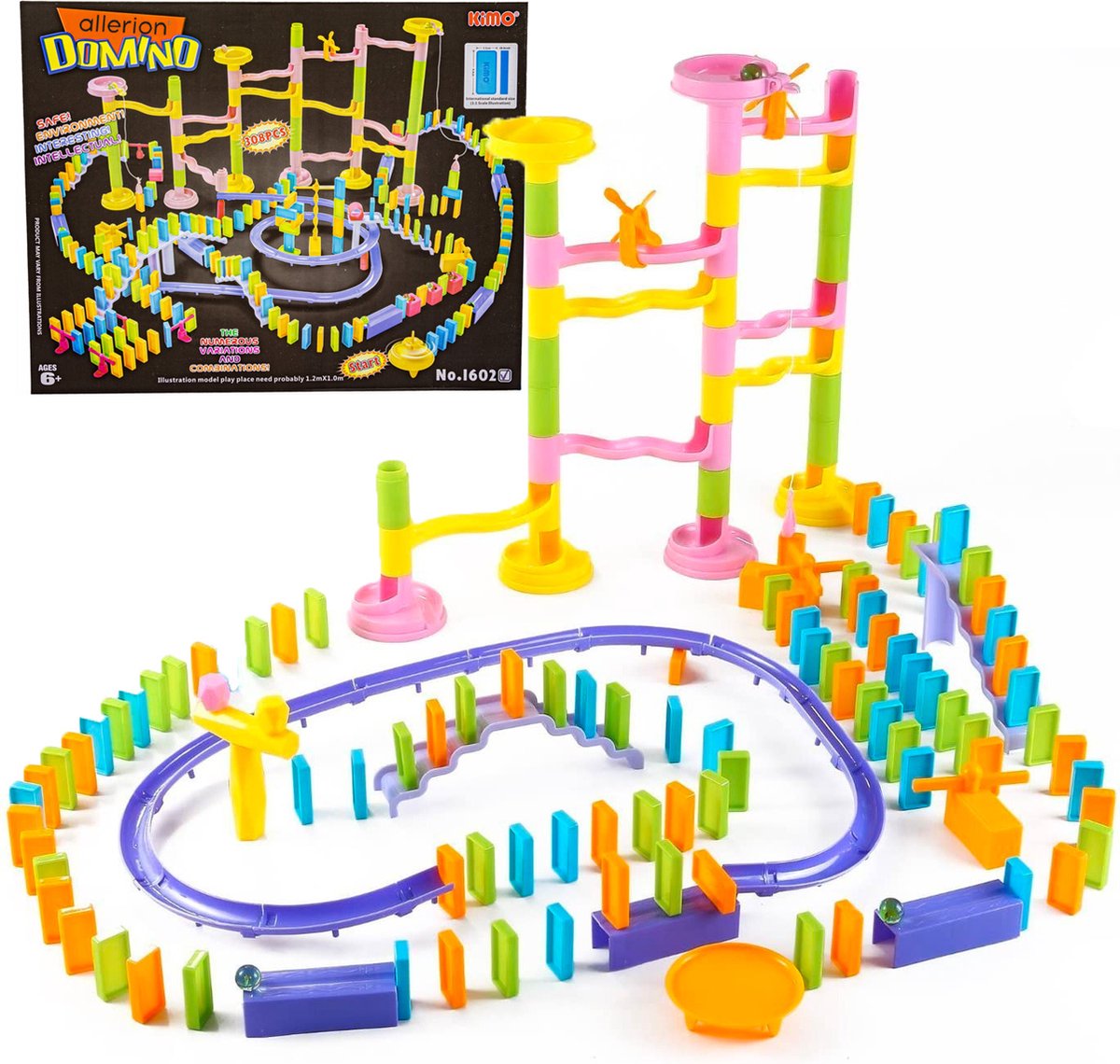 Allerion Domino Set XL – Domino Stenen Spel voor Kinderen – Met Knikkerbaan – 308-delig – Veel Attributen