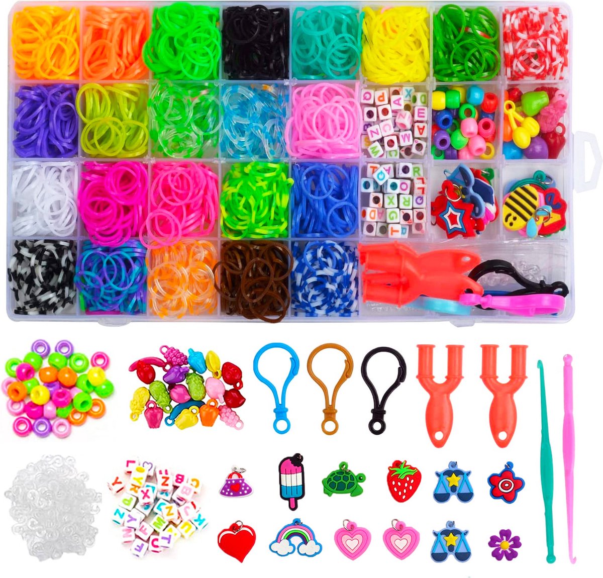 Allerion Loombandjes Starterspakket – 1600 Loom Elastiekjes – 23 Kleuren – Inclusief Accessoires en Opbergkoffer – Knutselset