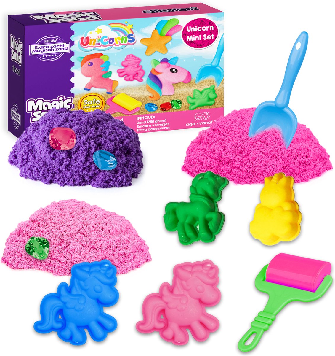 Allerion Magic Kinetic Sand Set Unicorn – Unicorn Thema - Verschillende Kleuren – Inclusief Vormpjes en Accessoires