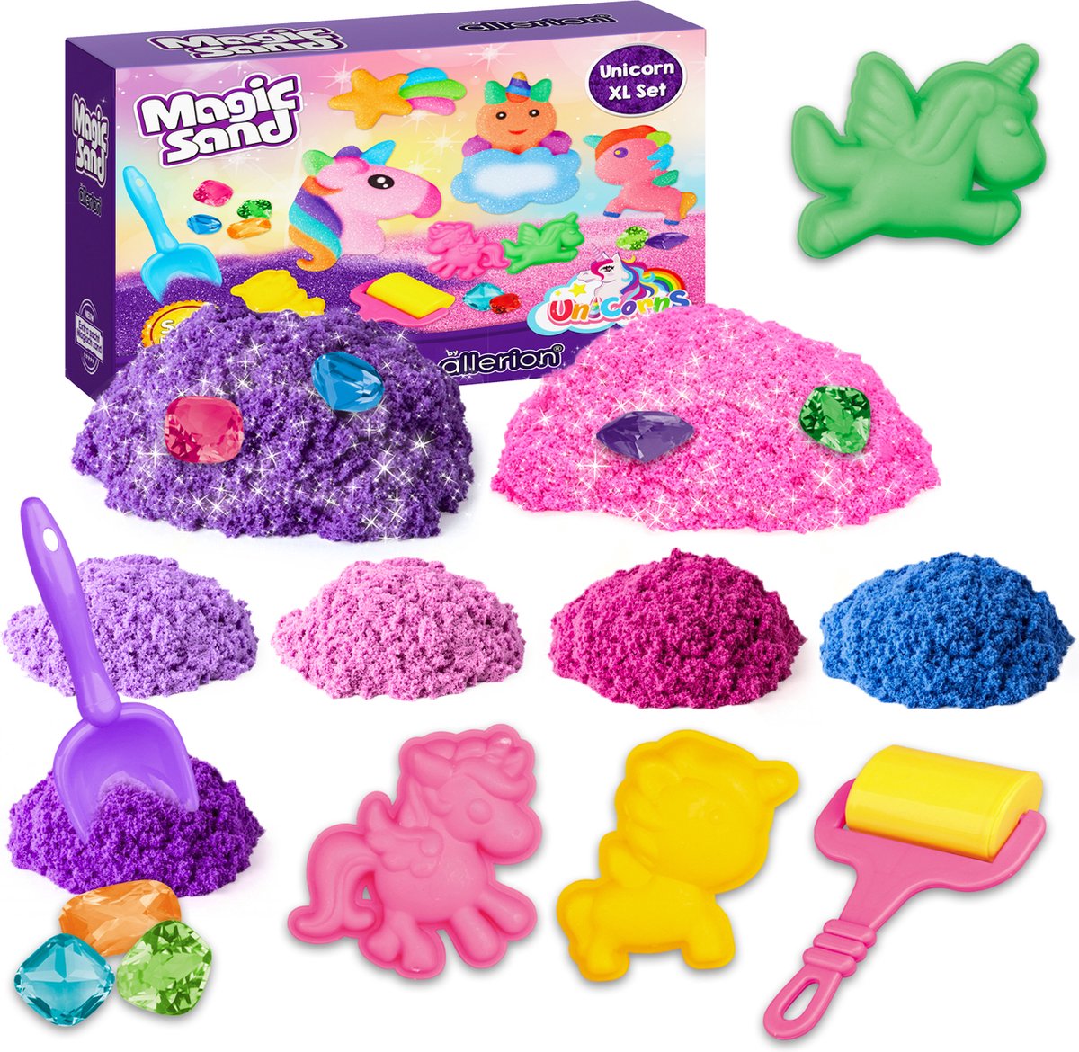 Allerion Magic Kinetic Sand Set XL – 4 Kilo   – Unicorn Thema - Verschillende Kleuren en Glitters – Inclusief Vormpjes en Accessoires