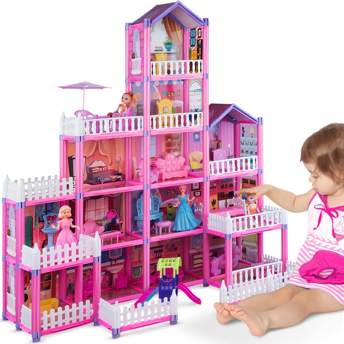 Allerion Poppenhuis Groot – Met Meubels en Poppen – Prinsessen Kasteel - Inclusief Accessoires – 280-delig -  Roze