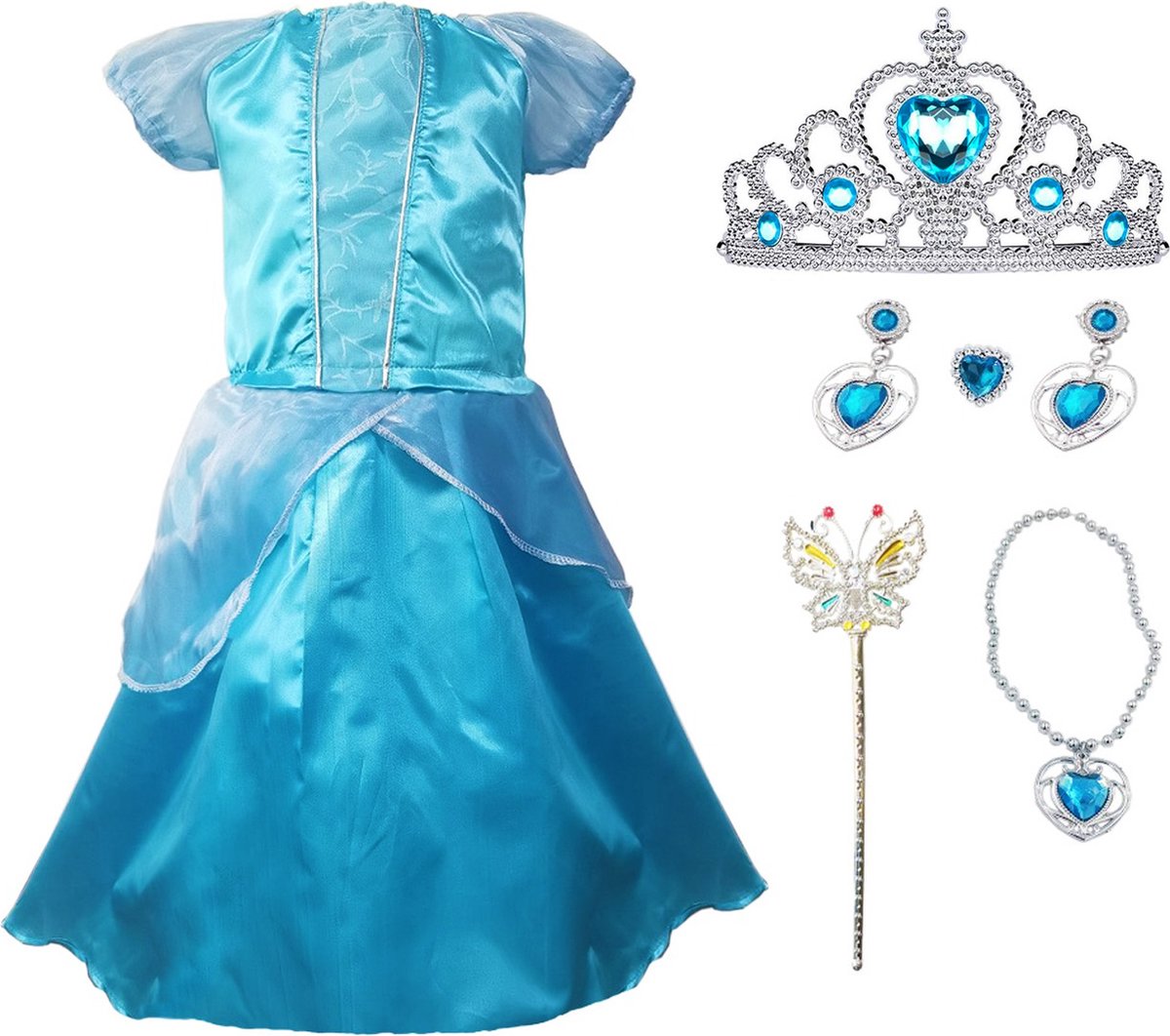 Allerion Prinsessenjurk Meisje Blauw – Verkleedkleren Elsa Frozen – Blauw Prinsessen Jurk – Inclusief Accessoires – Maat 100-140cm / 3 tot 8 jaar