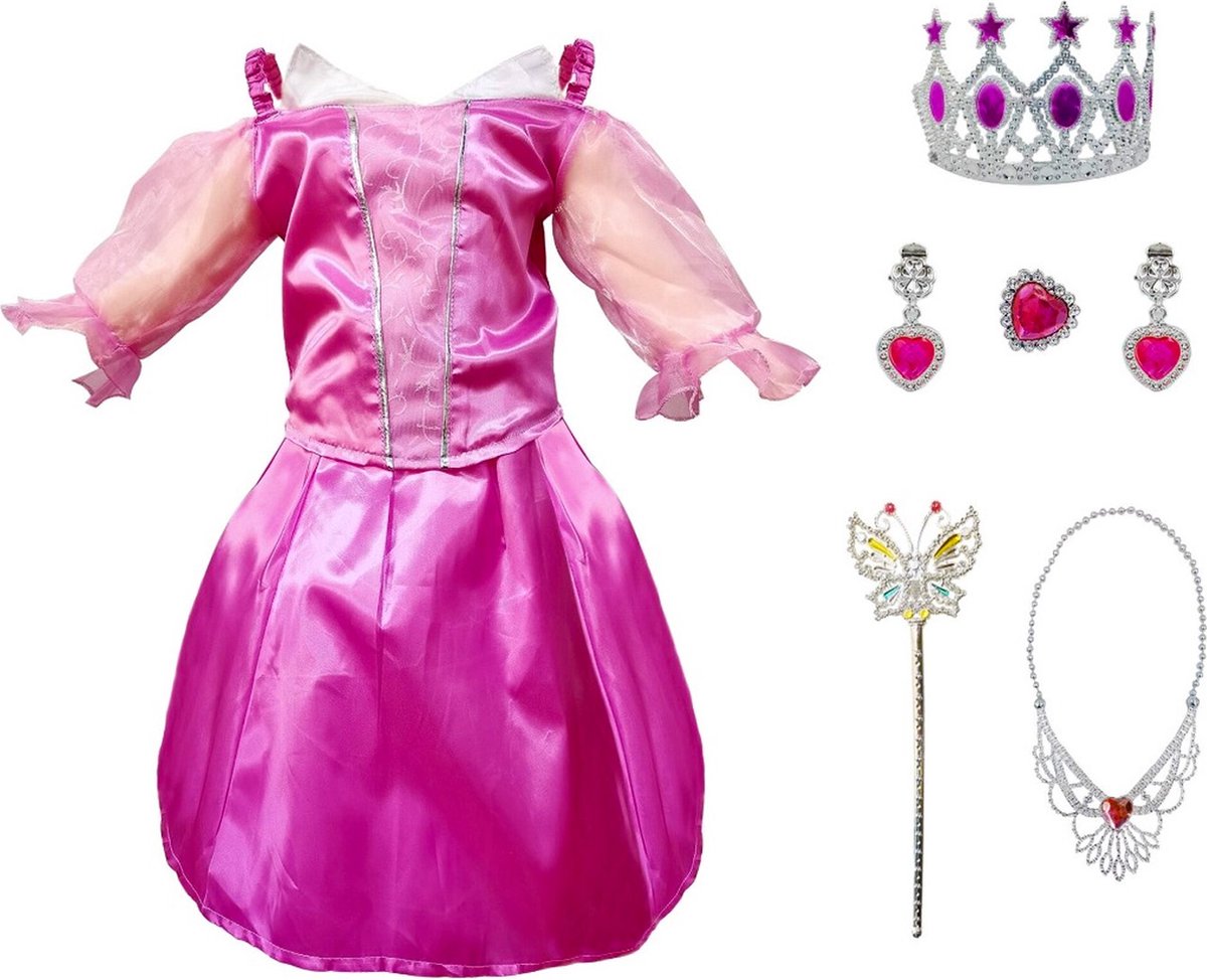 Allerion Prinsessenjurk Meisje Roze  – Verkleedkleren voor Kinderen – Roze Prinsessen Jurk – Inclusief Accessoires – Maat 100 - 140cm / 3 tot 8 jaar