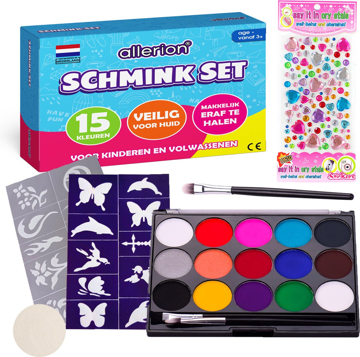 Allerion Schmink Set Medium – Halloween en Carnaval – Voor Kinderen – Op Waterbasis - Met Sjabloon en Accessoires