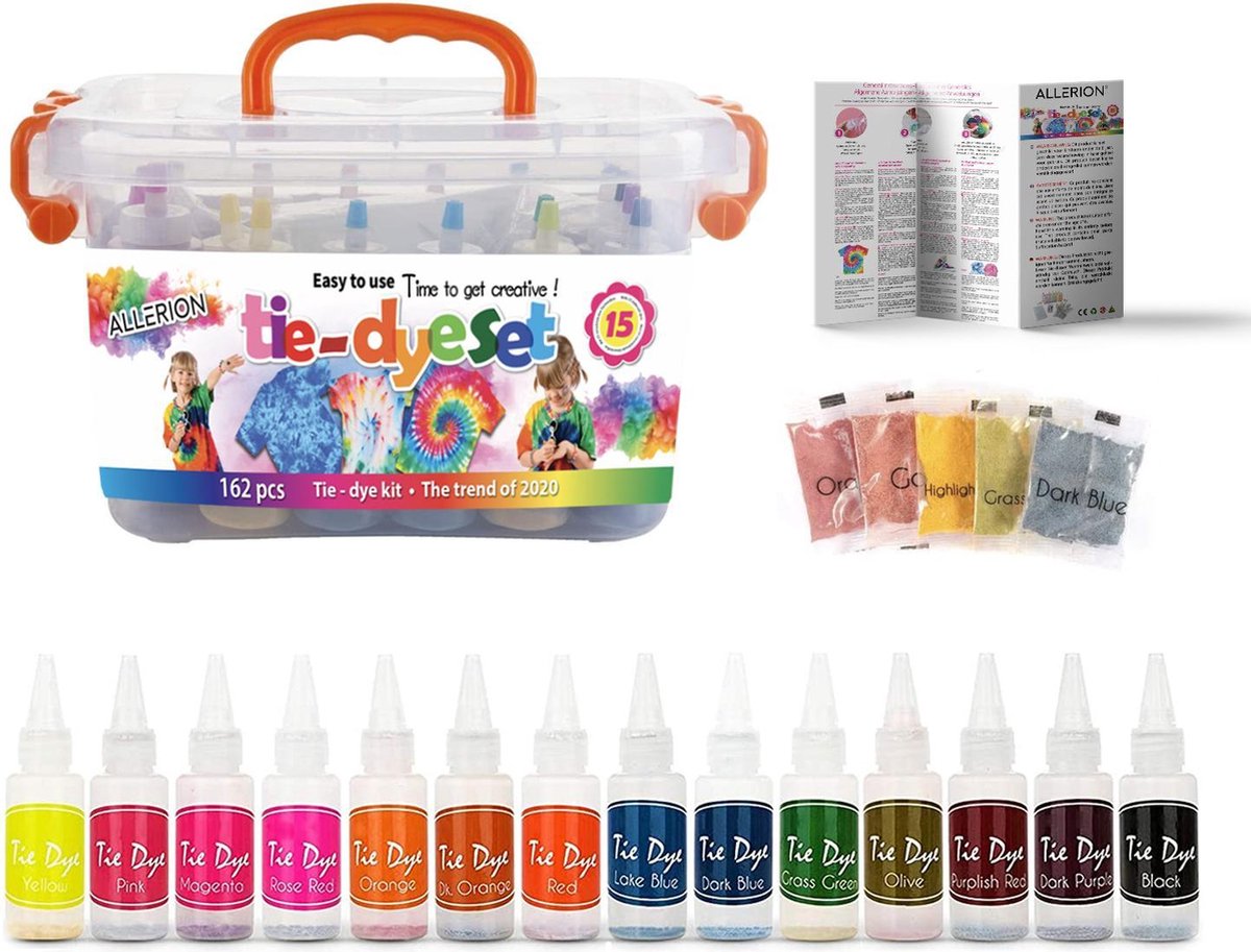 Allerion® XXL Tie Dye Kit - Tie Dye Set -  Tie Dye - 15 mooie kleuren – Jouw eigen tie dye ontwerpstudio - Inclusief Nederlandse Instructies