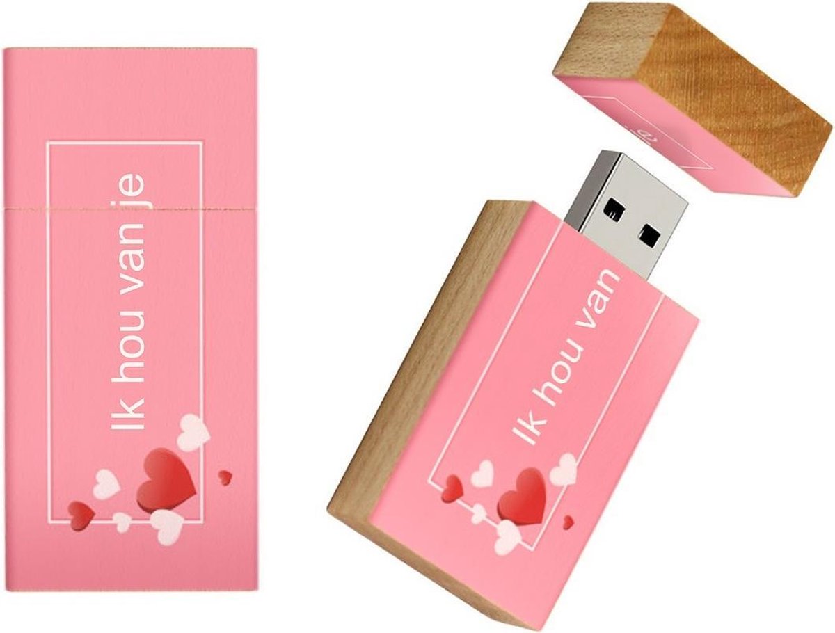 Ik hou van jou hout rechthoek usb stick 32gb model 1019 – Valentijnsdag cadeau, Liefde cadeau, I love you, valentijn cadeautje,