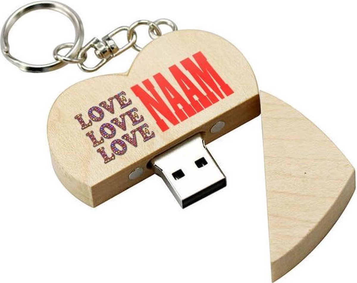 Valentijn cadeau hout hart usb stick met naam 64gb - model 1011 – hartje Valentijnsdag cadeau, Valentijnscadeau, Liefde cadeau, Liefdescadeau