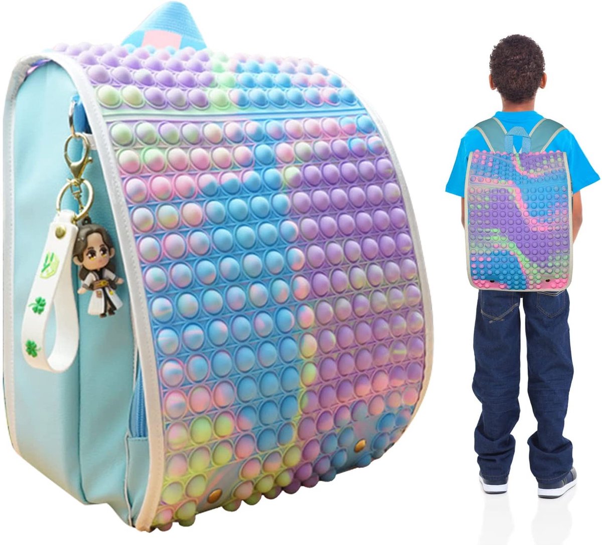 AO®️Fidget Pop On It Backpack for School, Rainbow Pop Bubble Fidget Backpack-blauw