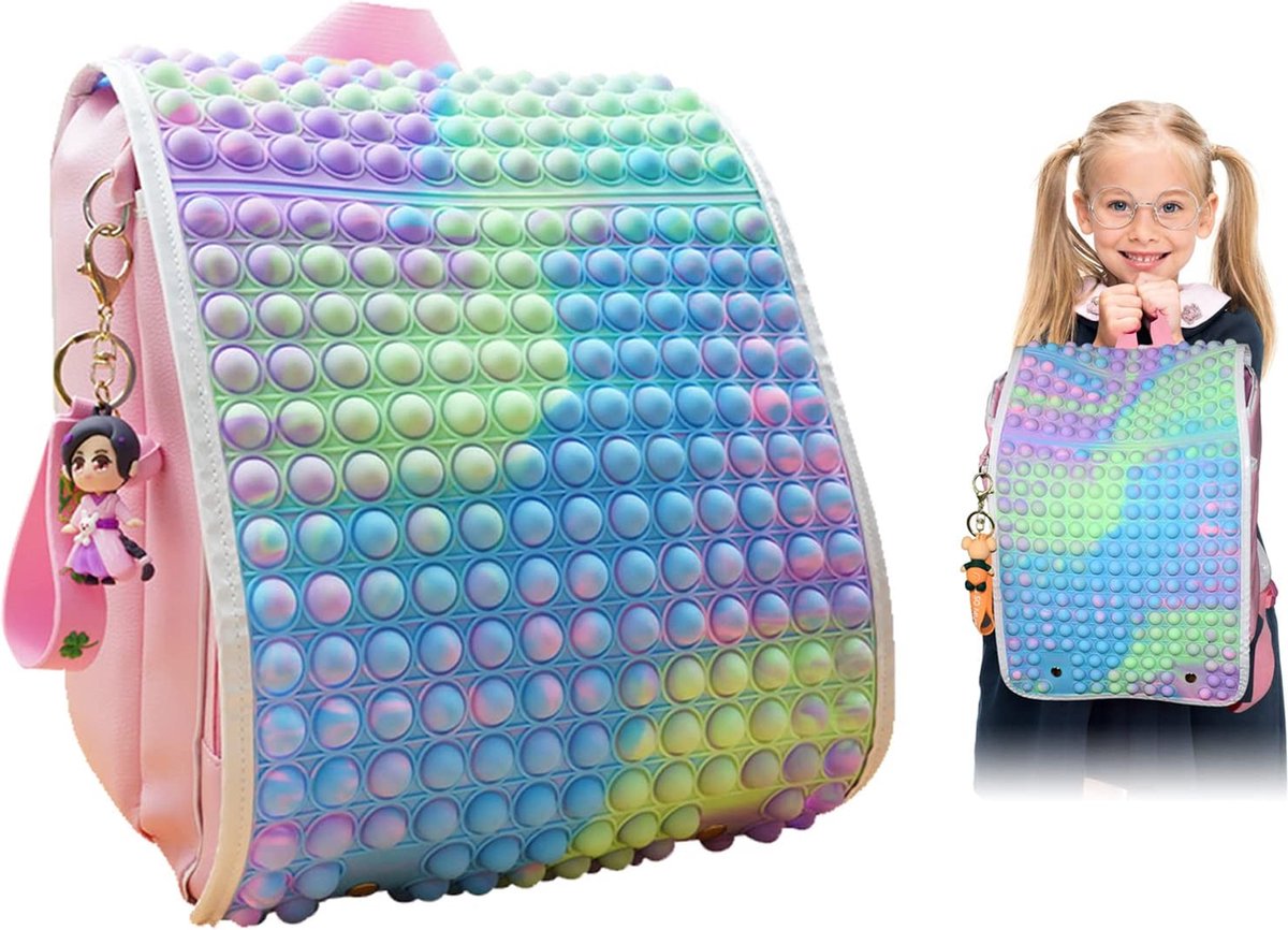 AO®️Fidget Pop On It Backpack for School, Rainbow Pop Bubble Fidget Backpack-roze