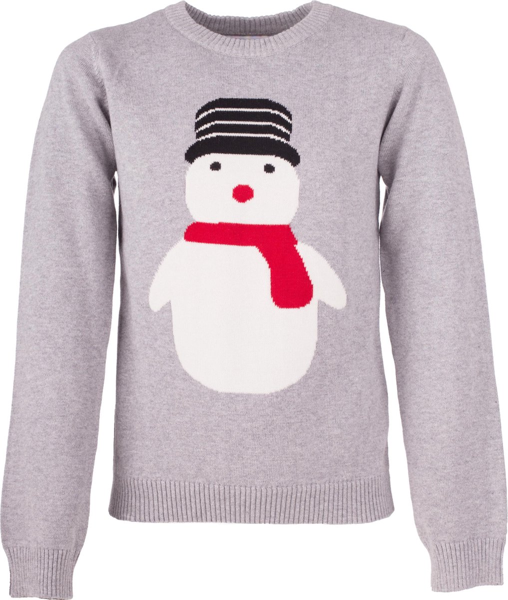 Foute kersttrui - Grijs melange kerst trui met sneeuwpop – Unisex - 104/110– Incl. Giftbox