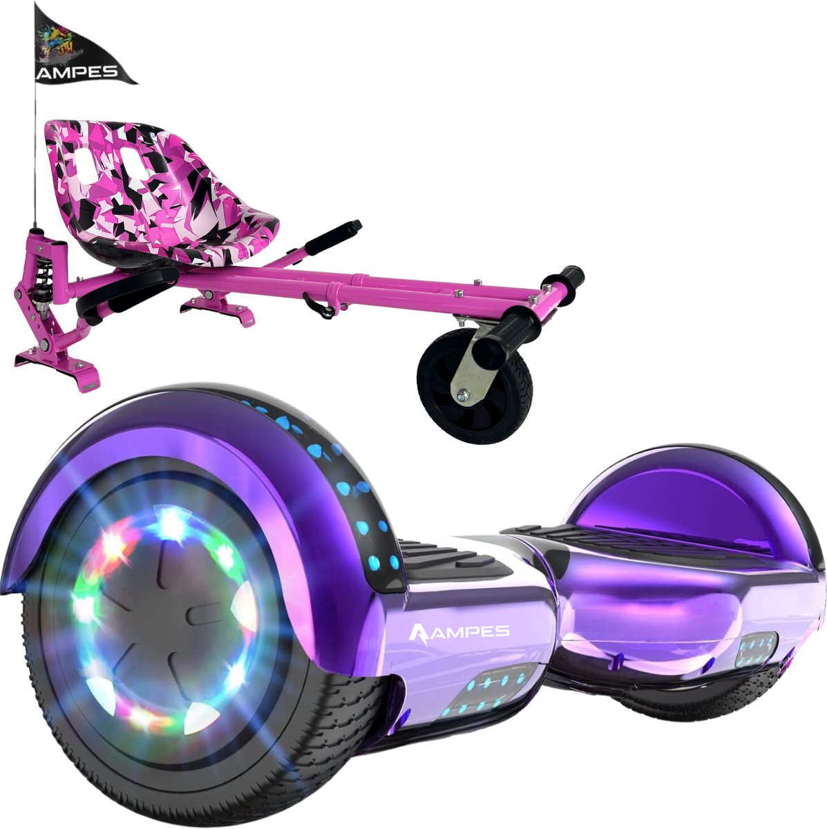   Hoverboard - Bluetooth Speaker - 24V 4.0 Ah Accu - 12 km/h - UL2272 Gecertificeerd - LED Verlichting - Anti lek banden - Belastbaar tot 120KG - 6.5 Inch - Inclusief Draagtas - 700W Wielen - Paars + Hoverkart Vering Roze