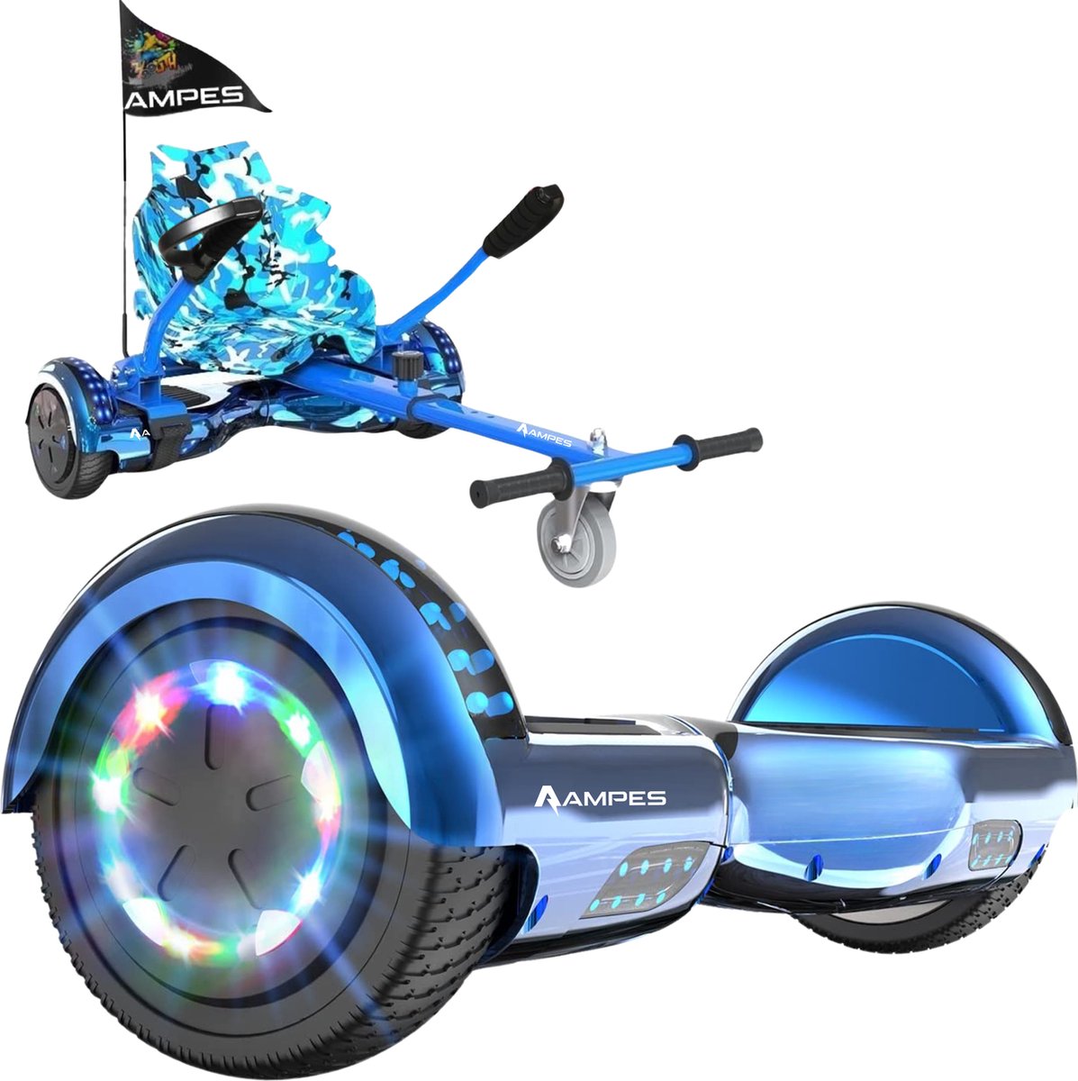 Ampes Hoverboard - Bluetooth Speaker - 24V 4.0 Ah Accu - Oxboard - 12 km/h - UL2272 Gecertificeerd - LED Verlichting - Anti lek banden - Belastbaar tot 120KG - 6.5 Inch - Inclusief Draagtas - 700W - Blauw + Hoverkart Camouflage Blauw