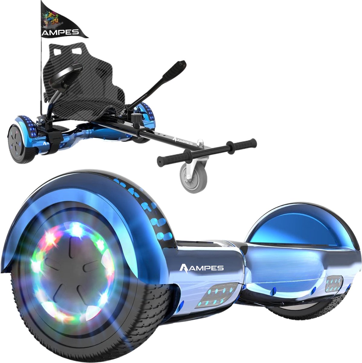 Ampes Hoverboard - Bluetooth Speaker - 24V 4.0 Ah Accu - Oxboard - 12 km/h - UL2272 Gecertificeerd - LED Verlichting - Anti lek banden - Belastbaar tot 120KG - 6.5 Inch - Inclusief Draagtas - 700W - Blauw + Hoverkart carbon