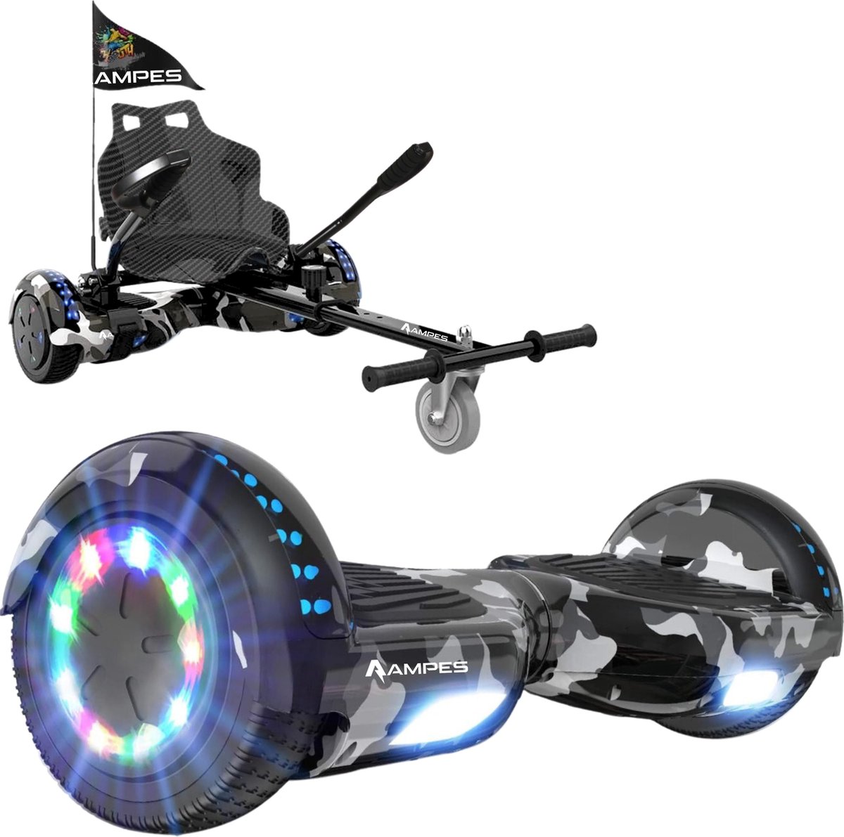   Hoverboard - Bluetooth Speaker - 24V 4.0 Ah Accu - Oxboard - 12 km/h - UL2272 Gecertificeerd - LED Verlichting - Anti lek banden - Belastbaar tot 120KG - 6.5 Inch - Inclusief Draagtas - 700W - Camouflage + Hoverkart carbon