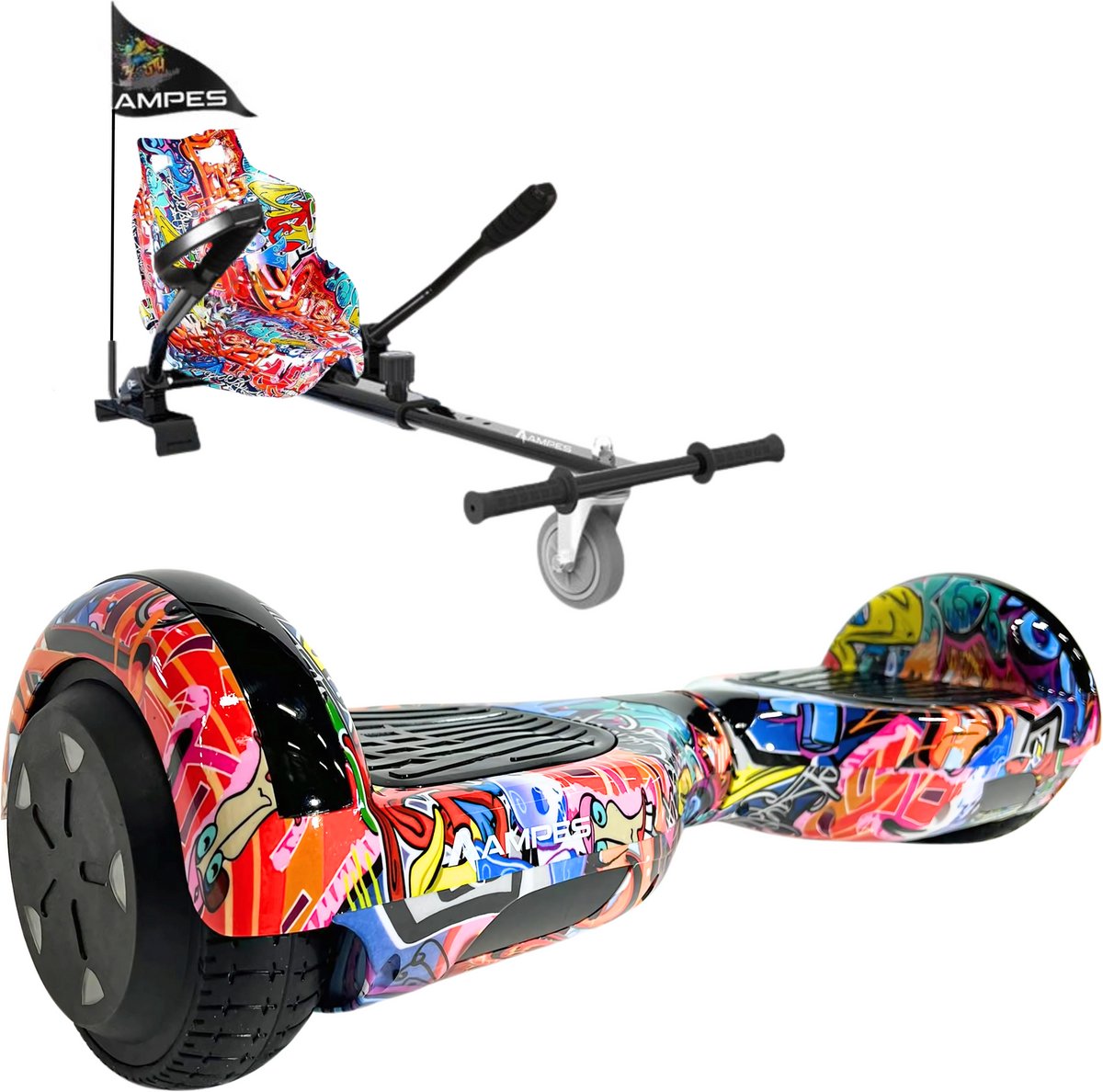 Ampes Hoverboard - Bluetooth Speaker - 24V 4.0 Ah Accu - Oxboard - 12 km/h - UL2272 Gecertificeerd - LED Verlichting - Anti lek banden - Belastbaar tot 120KG - 6.5 Inch - Inclusief Draagtas - 700W - Graffiti + Hoverkart Graffiti