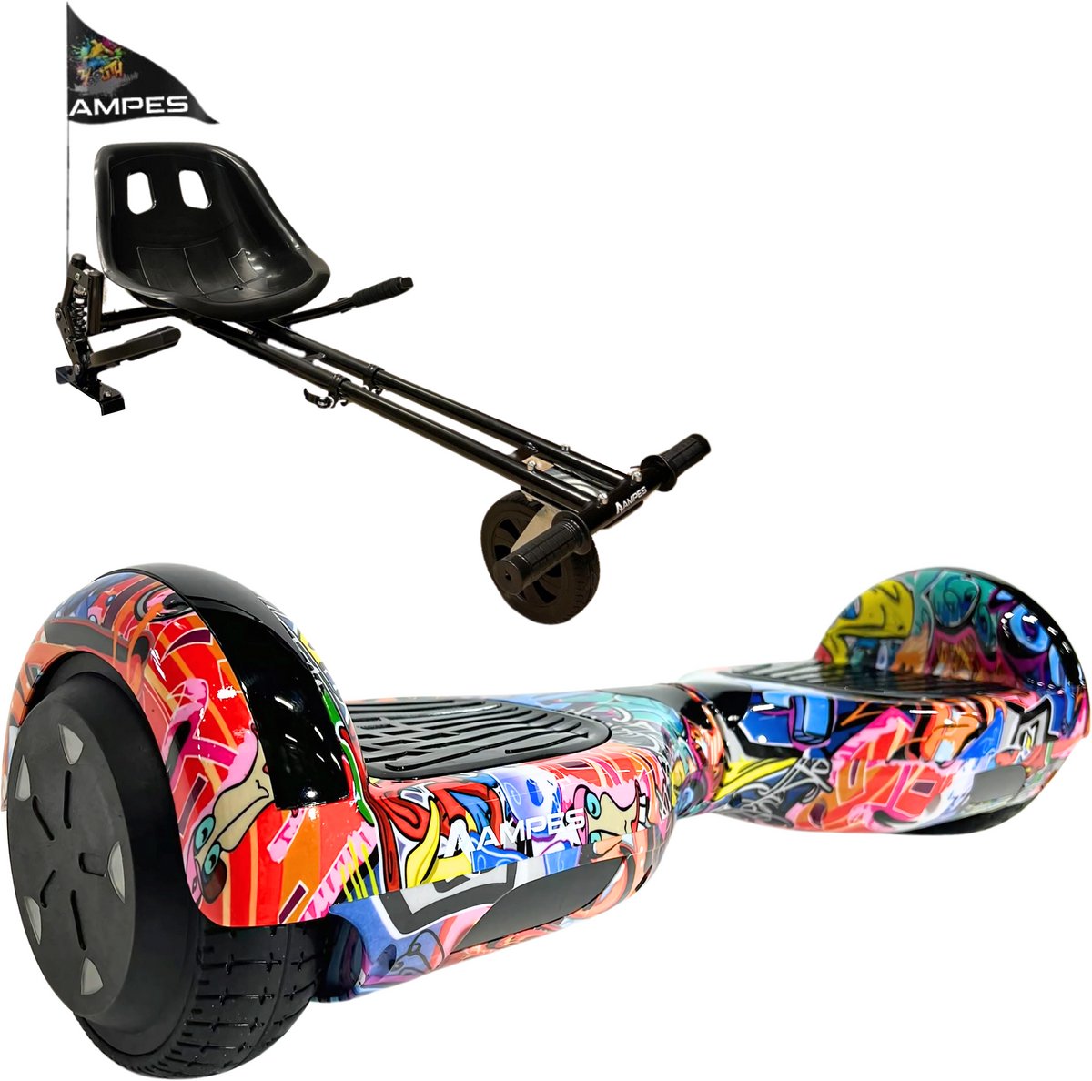 Ampes Hoverboard - Bluetooth Speaker - 24V 4.0 Ah Accu - Oxboard - 12 km/h - UL2272 Gecertificeerd - LED Verlichting - Anti lek banden - Belastbaar tot 120KG - 6.5 Inch - Inclusief Draagtas - 700W - Graffiti + Hoverkart met vering