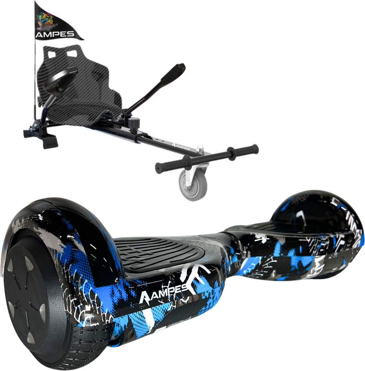 Ampes Hoverboard - Bluetooth Speaker - 24V 4.0 Ah Accu - Oxboard - 12 km/h - UL2272 Gecertificeerd - LED Verlichting - Anti lek banden - Belastbaar tot 120KG - 6.5 Inch - Inclusief Draagtas - 700W - Graffiti Blue + Hoverkart Carbon