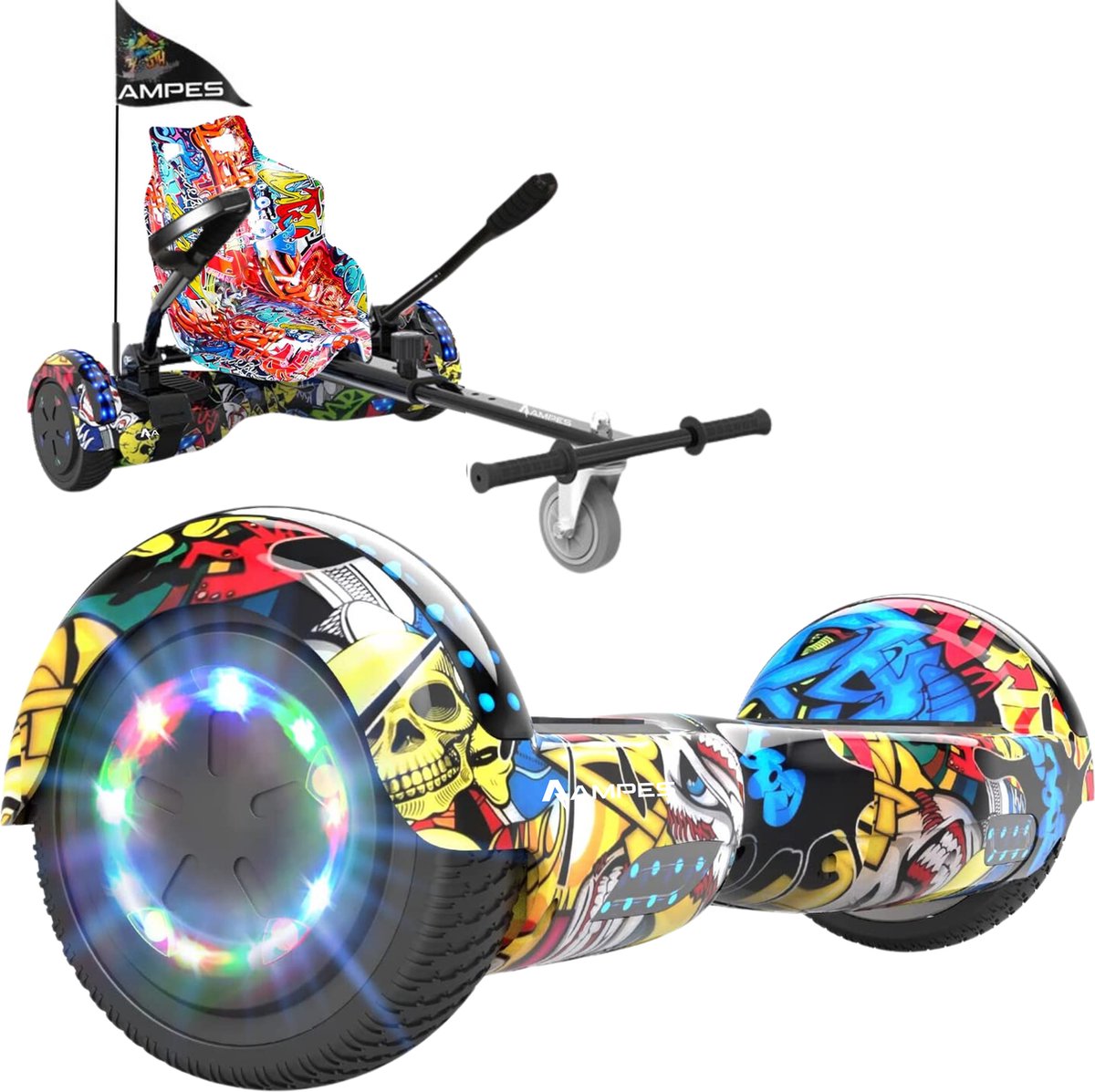 Ampes Hoverboard - Bluetooth Speaker - 24V 4.0 Ah Accu - Oxboard - 12 km/h - UL2272 Gecertificeerd - LED Verlichting - Anti lek banden - Belastbaar tot 120KG - 6.5 Inch - Inclusief Draagtas - 700W - Hiphop + Hoverkart Graffiti