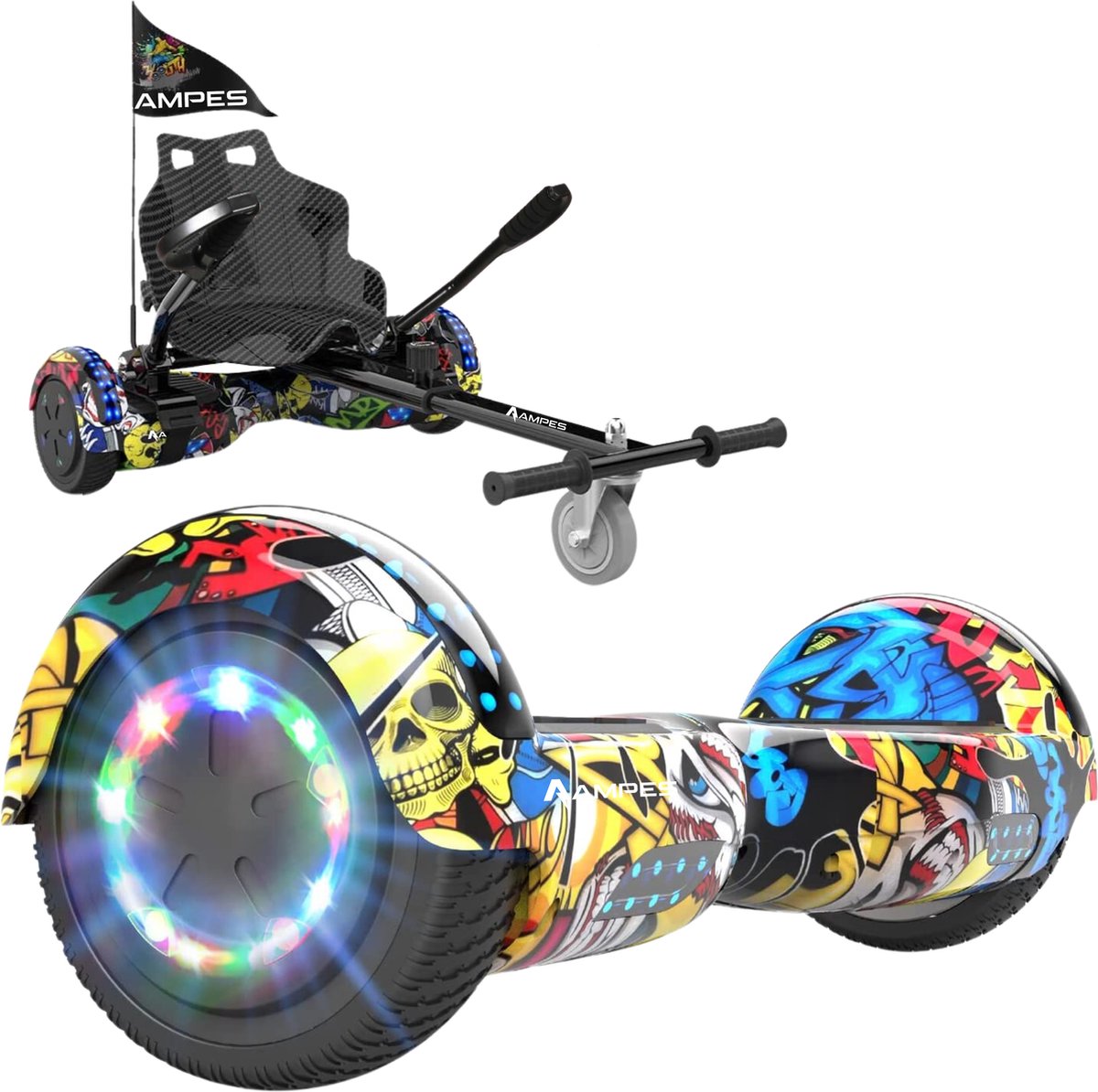 Ampes Hoverboard - Bluetooth Speaker - 24V 4.0 Ah Accu - Oxboard - 12 km/h - UL2272 Gecertificeerd - LED Verlichting - Anti lek banden - Belastbaar tot 120KG - 6.5 Inch - Inclusief Draagtas - 700W - Hiphop + Hoverkart carbon