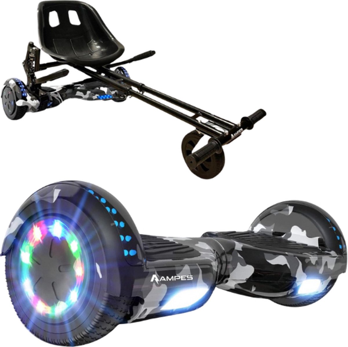 Ampes Hoverboard - Bluetooth Speaker - 24V 4.0 Ah Accu - Oxboard - 12 km/h - UL2272 Gecertificeerd - LED Verlichting - Anti lek banden - Belastbaar tot 120KG - 6.5 Inch - Inclusief Draagtas - 700W Wielen - Camouflage + Hoverkart Vering