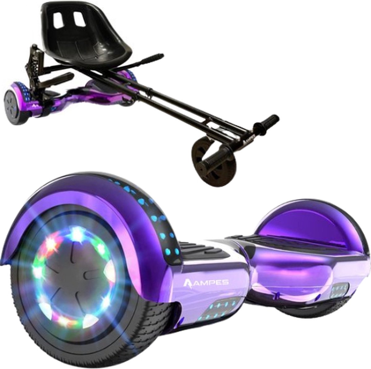 Ampes Hoverboard - Bluetooth Speaker - 24V 4.0 Ah Accu - Oxboard - 12 km/h - UL2272 Gecertificeerd - LED Verlichting - Anti lek banden - Belastbaar tot 120KG - 6.5 Inch - Inclusief Draagtas - 700W Wielen - Chroom Paars + Hoverkart Vering
