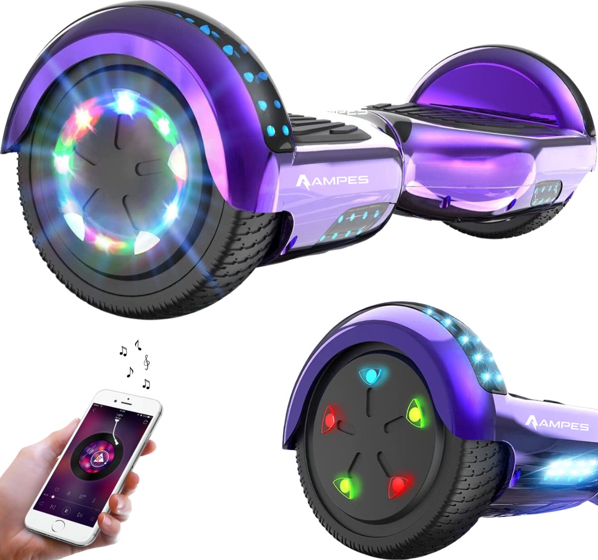 Ampes Hoverboard - Bluetooth Speaker - 24V 4.0 Ah Accu - Oxboard - 12 km/h - UL2272 Gecertificeerd - LED Verlichting - Anti lek banden - Belastbaar tot 120KG - 6.5 Inch - Inclusief Draagtas - 700W Wielen - Chroom Paars