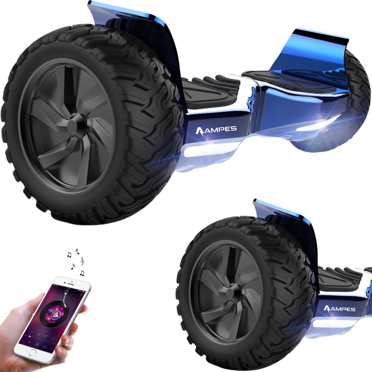 Ampes Hoverboard - Off Road Hoverboard - Bluetooth Speaker - 36V 4.0 Ah Accu - Oxboard - 15 km/h - UL2272 Gecertificeerd - LED Verlichting - Anti lek banden - Belastbaar tot 120KG - 8.5 Inch - Inclusief Draagtas - 800W - Blauw