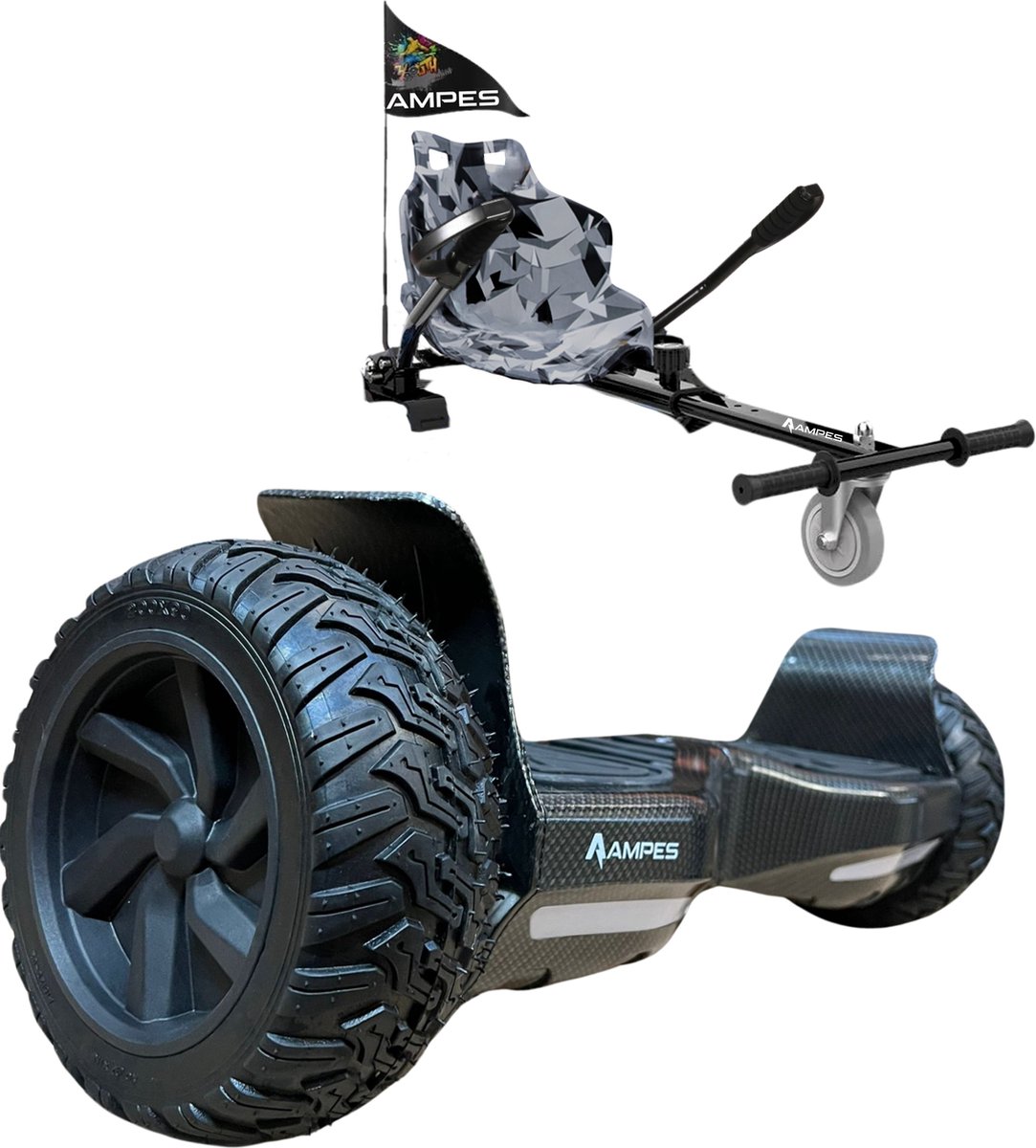 Ampes Hoverboard - Off Road Hoverboard - Bluetooth Speaker - 36V 4.0 Ah Accu - Oxboard - 15 km/h - UL2272 Gecertificeerd - LED Verlichting - Anti lek banden - Belastbaar tot 120KG - 8.5 Inch - Inclusief Draagtas - 800W - Carbon + Hoverkart Camouflage