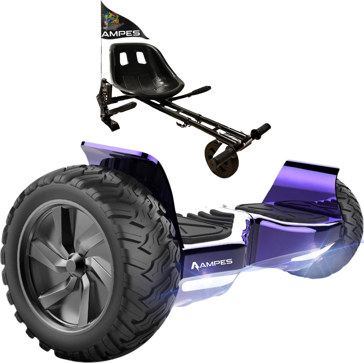   Hoverboard - Off Road Hoverboard - Bluetooth Speaker - 36V 4.0 Ah Accu - Oxboard - 15 km/h - UL2272 Gecertificeerd - LED Verlichting - Anti lek banden - Belastbaar tot 120KG - 8.5 Inch - Inclusief Draagtas - 800W - Paars + Hoverkart Met Vering