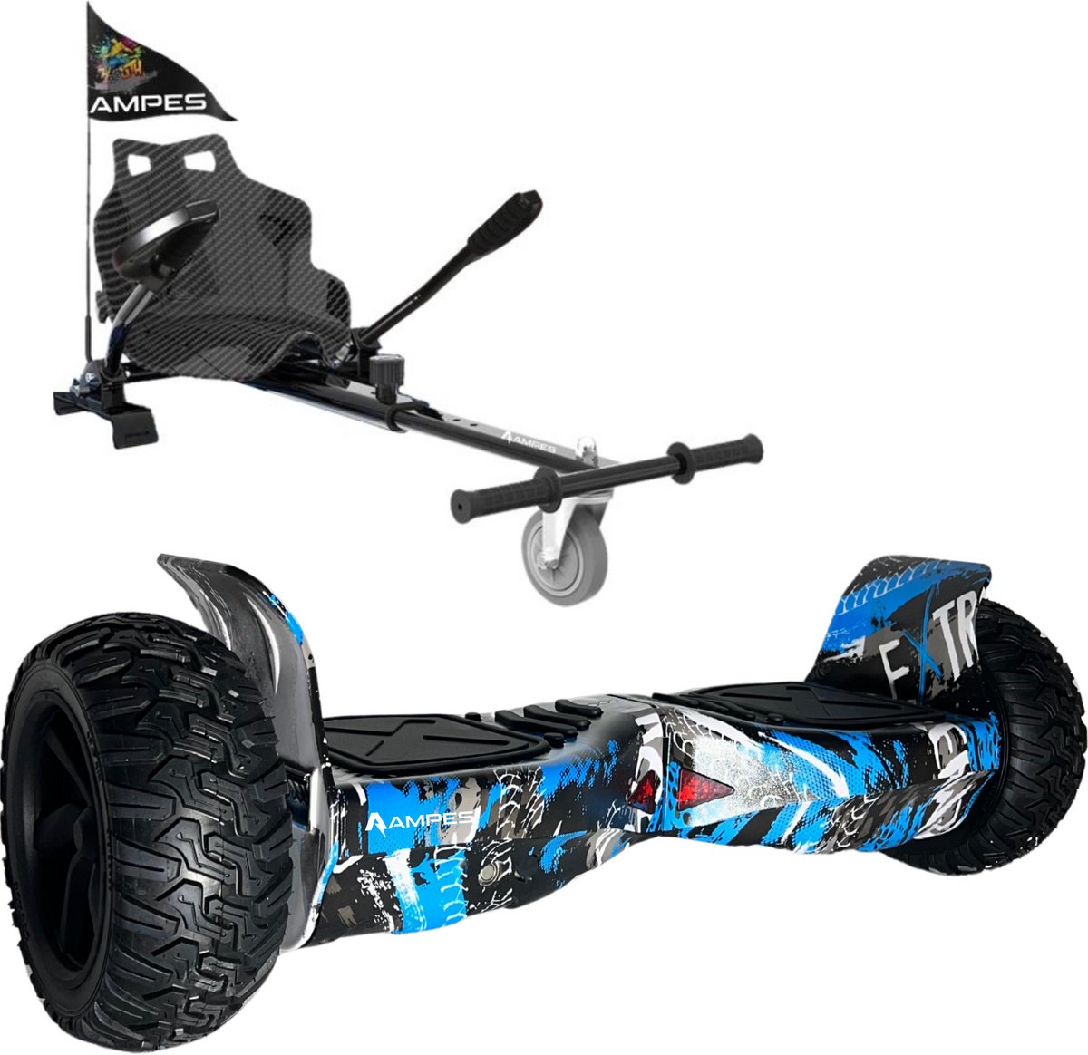 Ampes Off Road Hoverboard - Bluetooth Speaker - 36V 4.0 Ah Accu - Oxboard - 15 km/h - UL2272 Gecertificeerd - LED Verlichting - Anti lek banden - Belastbaar tot 120KG - 8.5 Inch - Inclusief Draagtas - 800W - Graffiti Blauw + Hoverkart Carbon