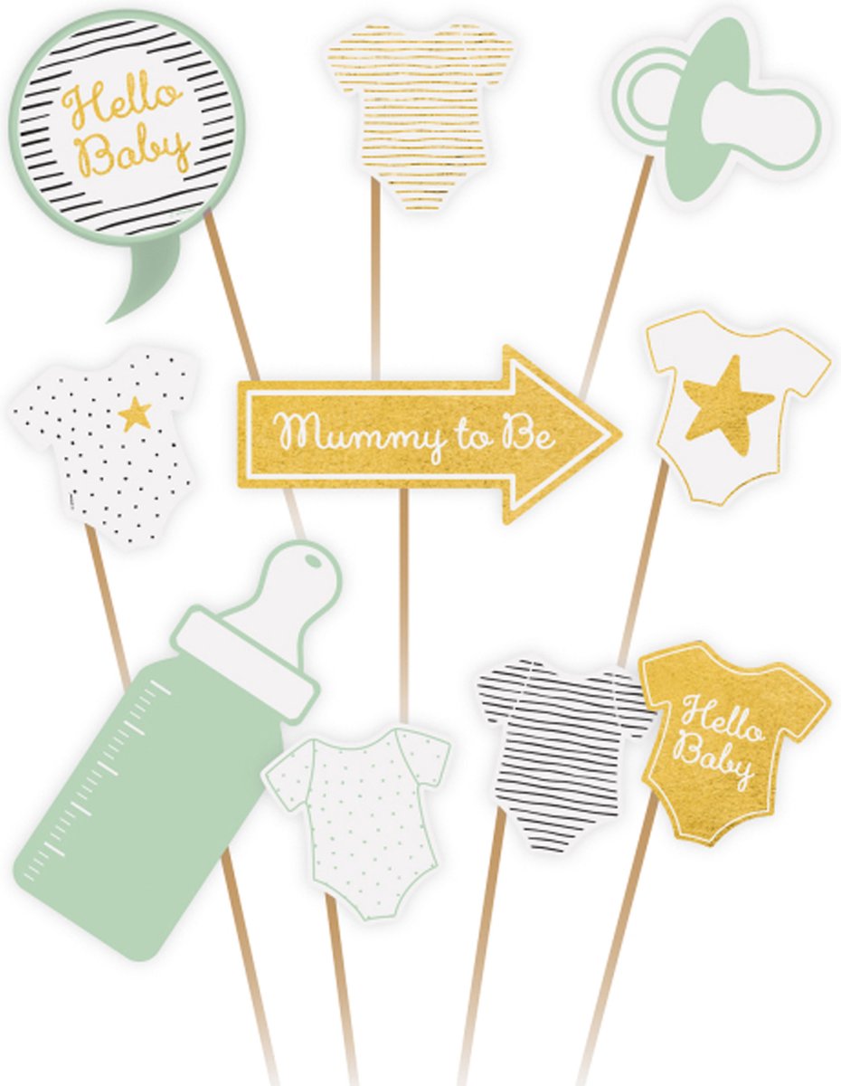   Babyshower foto prop set - 20x - groen/goud - rompertje/flesje - photo booth accessoires