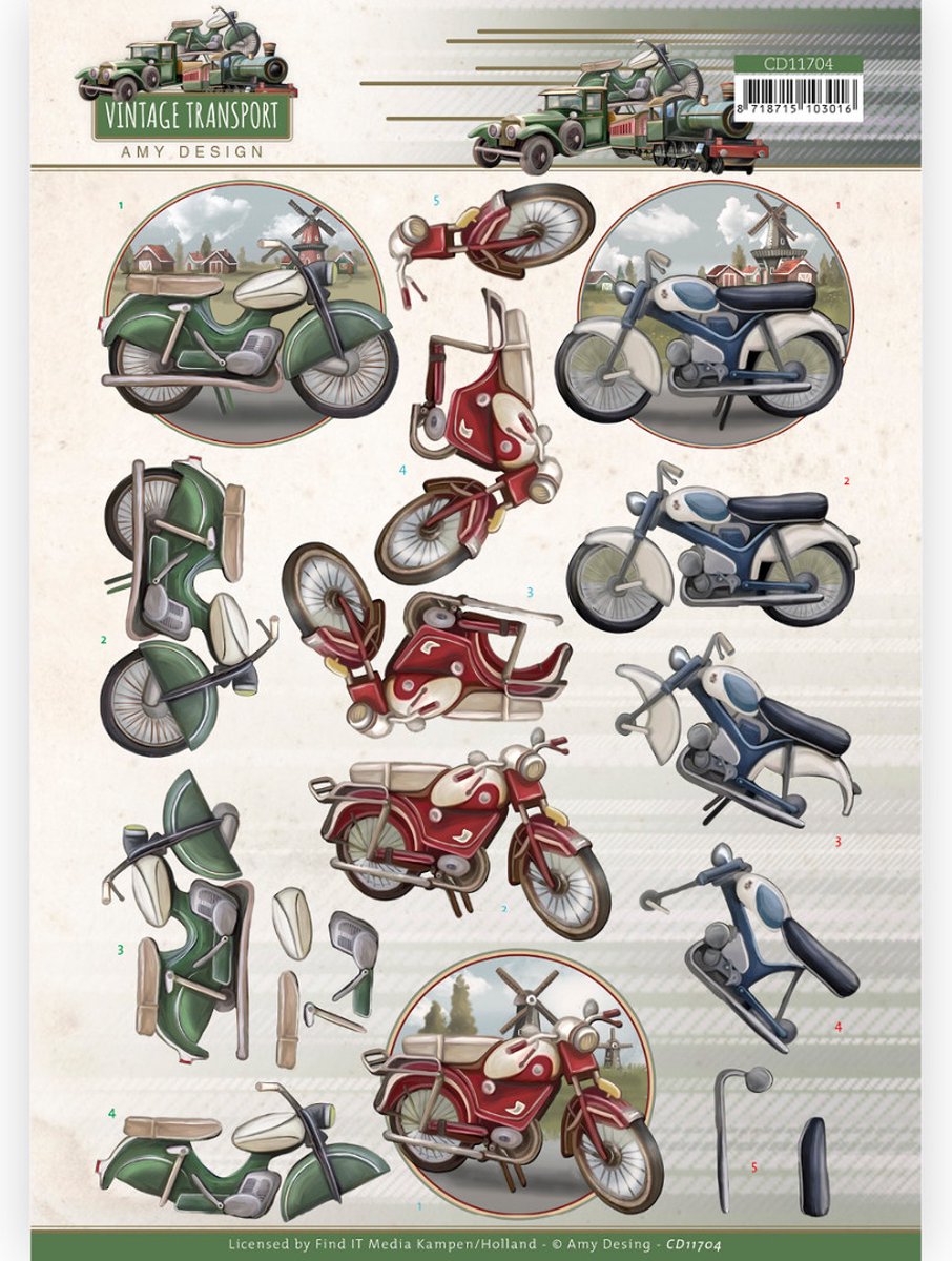 3D Cutting Sheet (knipvel) - Amy Design - Vintage Transport - Moped