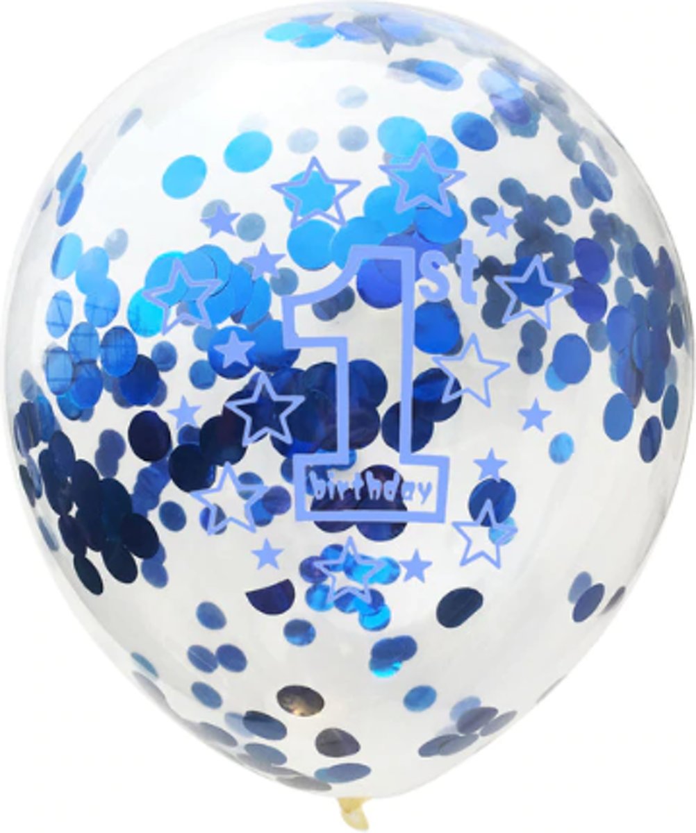 Confetti Ballonnen - 1 jaar - Versiering Pakket - Confetti balonnen  - Babyshower - Blauw - 5 Stuks - 30cm