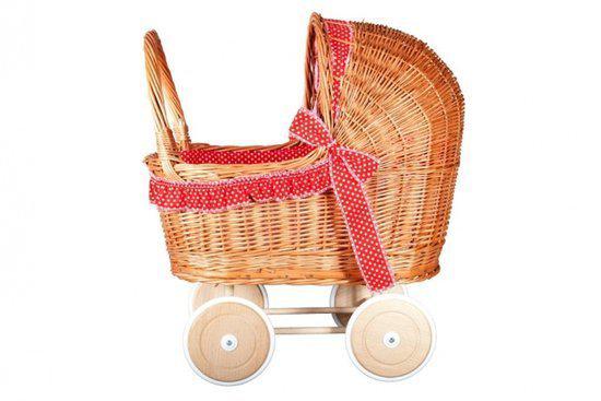 Angel toys Poppenwagen met rieten kap rood met witte stippen