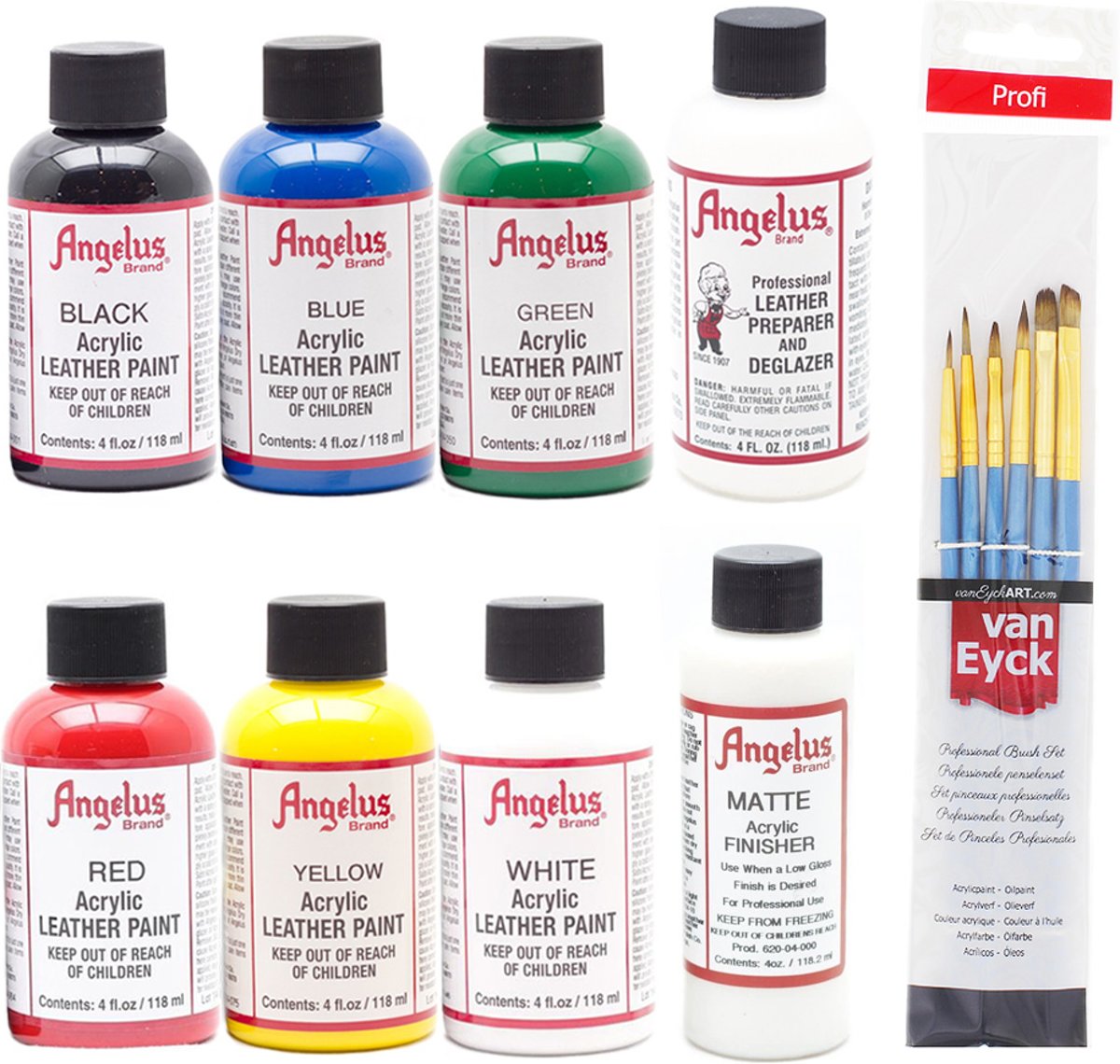 Angelus Leerverf Set Groot - 6 Kleuren 118ml, Voor- en Nabehandeling en Penselen ( Extra Flexibel Acryl )