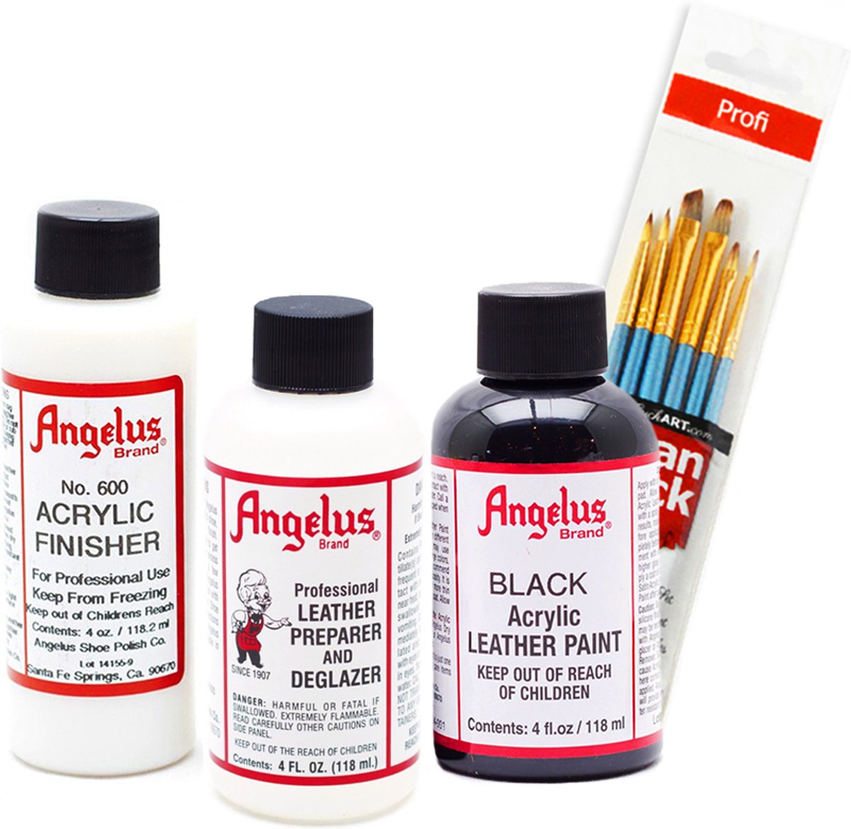 Angelus Leerverf Set - Zwart, Preparer & Deglazer, Finisher en Kwasten