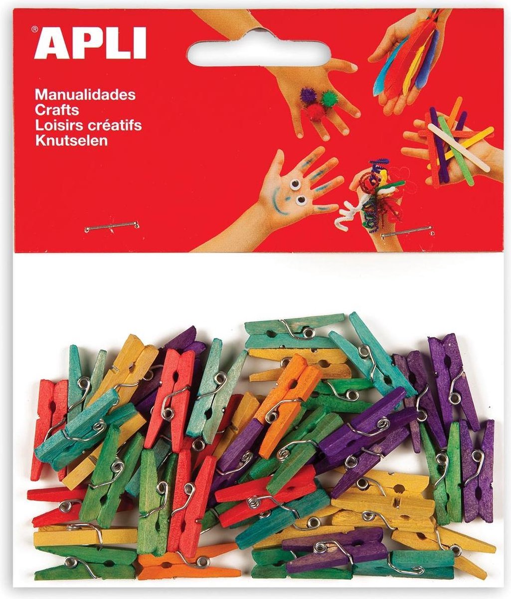 18x Apli houten gekleurde mini wasknijpers, blister met 45 stuks in geassorteerde kleuren