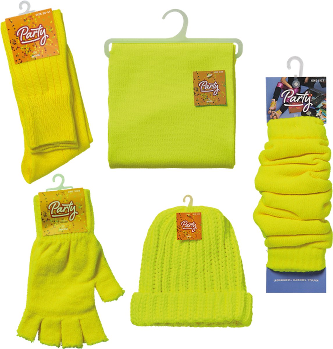 Carnaval voordeelpakket Neon Geel - Muts - Sjaal - Vingerloze handschoenen - Beenwarmers - Sokken - 5 stuks -Carnavalskleding heren - Carnavalskleding dames - Apollo