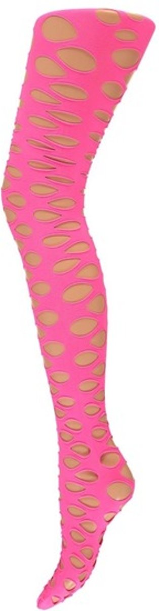 Dames party pantys zwart met gaten - Verkleedpanty netpanty neon roze L/XL