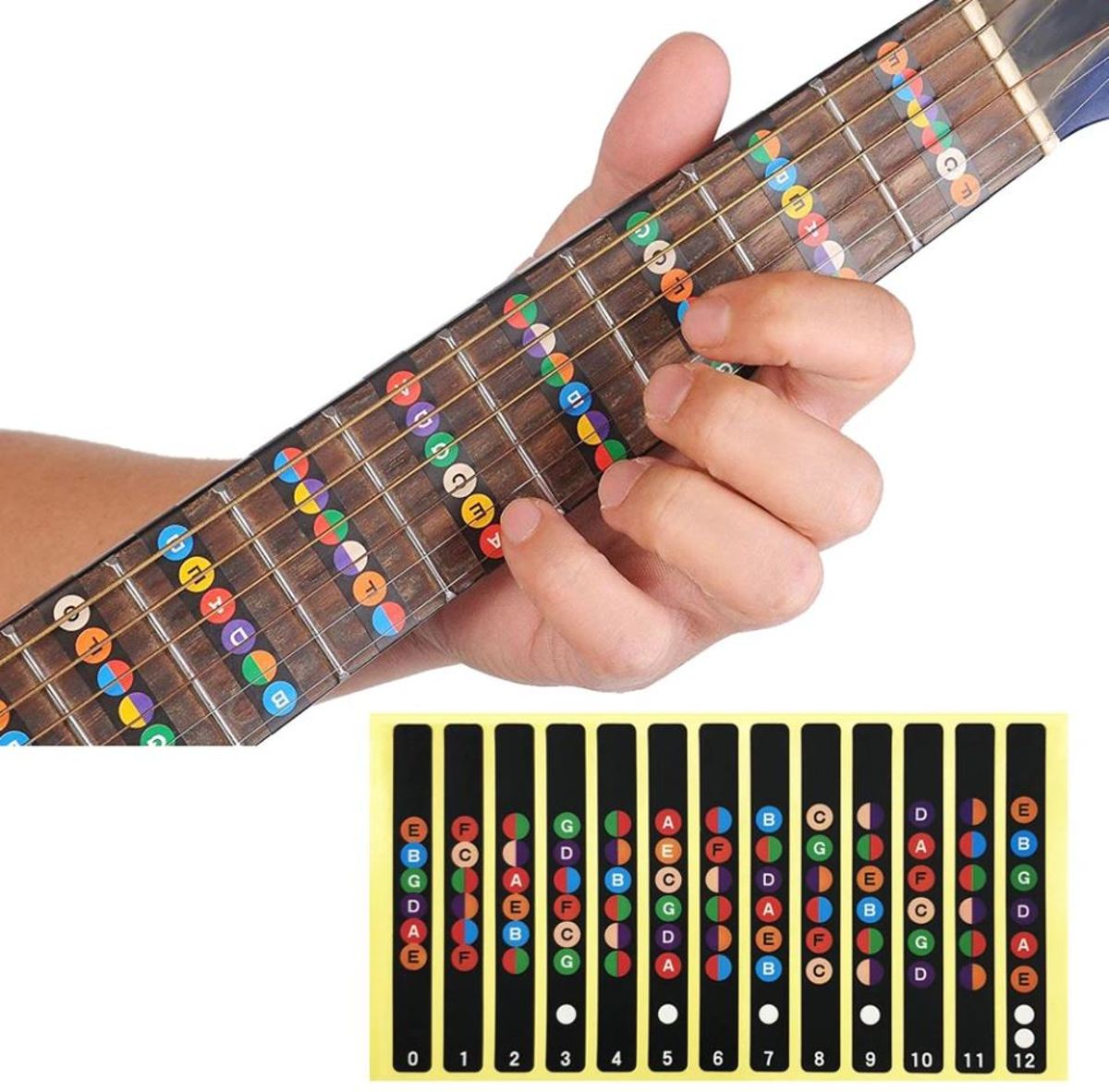 Gitaar fretboard stickers – Guitar Chords - Gitaarakkoorden sticker - Gekleurde fret stickers voor het leren spelen van gitaar – 12 stickers Zwart