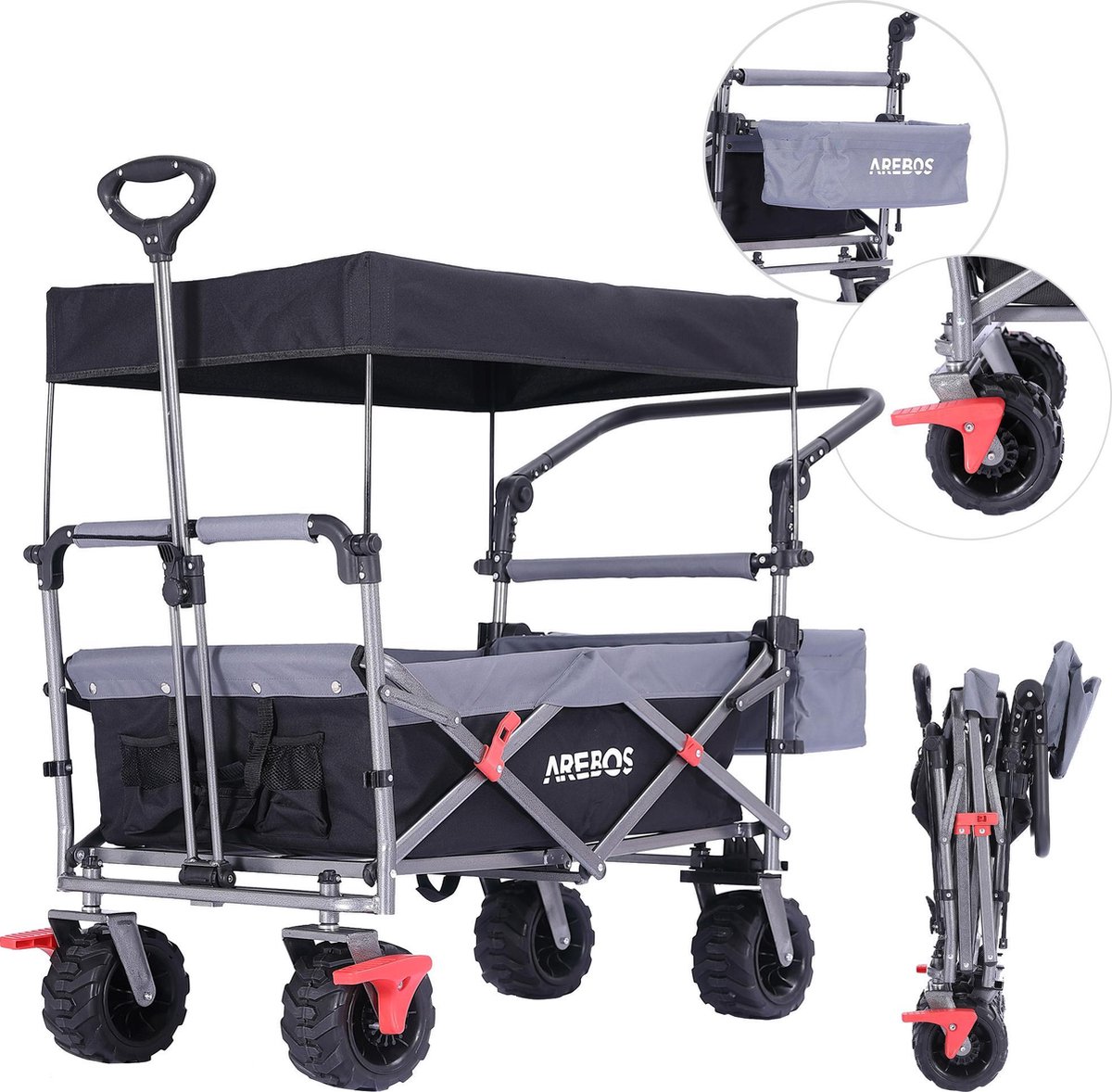 AREBOS Luxe Bolderkar met kap - Opvouwbare handkar - Trolley rood-grijs