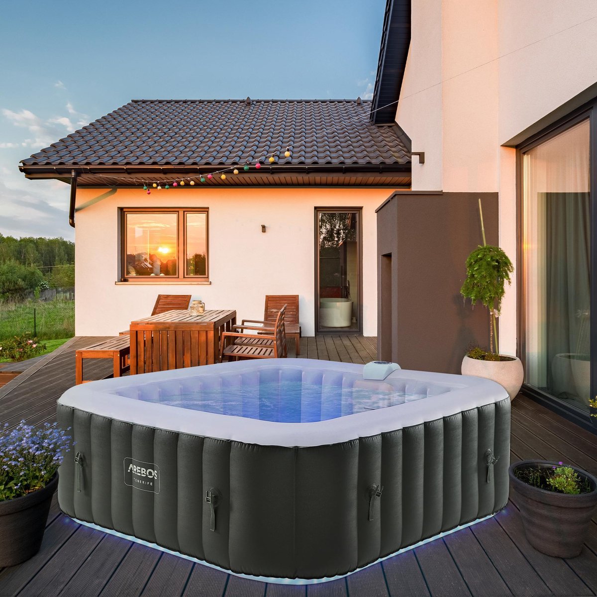 AREBOS en-outdoor Whirlpool Spa Zwembad vierkante opblaasbare massage met LED