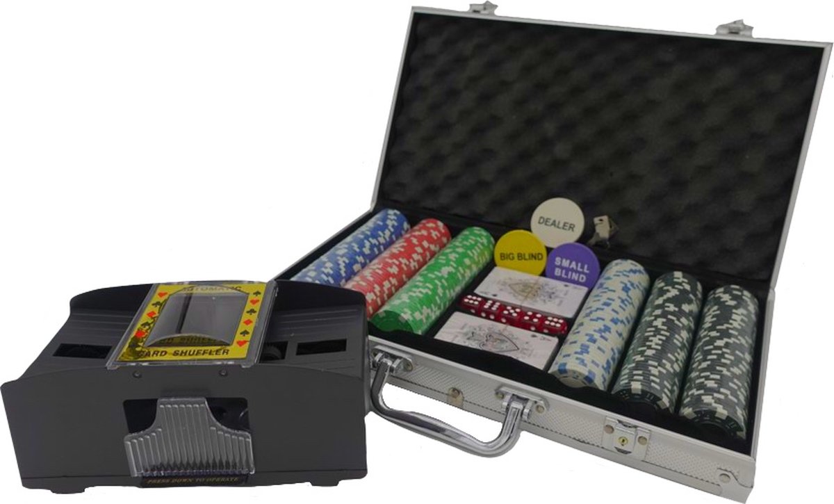   Deluxe   - Met Kaart Schudmachine - Aluminium Koffer - Pro Poker Set Met 300 Chips & Poker Kaarten - Pokerkoffer