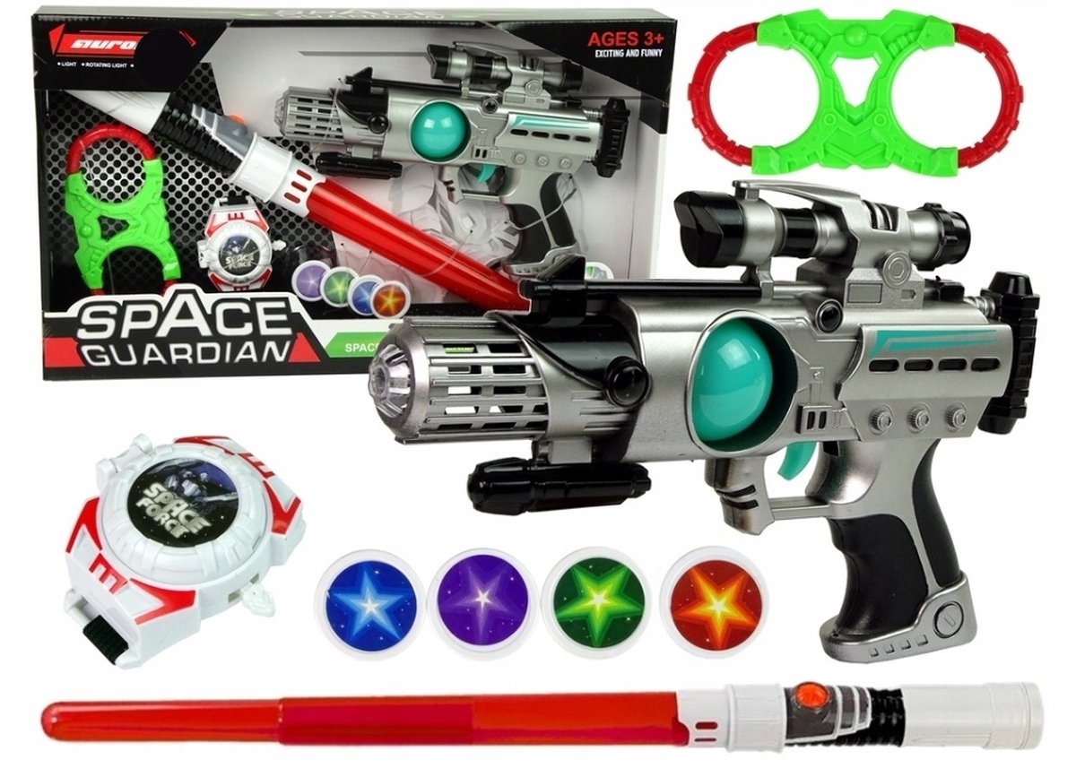   Space Warrior Set - Lichtzwaard- Ruimte speelset -Handboeien-Schijfwerper-4 Kleuren Schijven-Inclusief Batterijen.