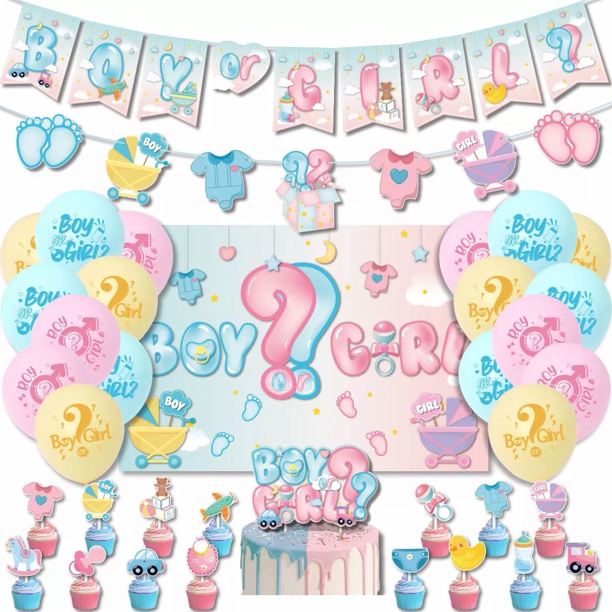 Gender Reveal versiering - Baby Shower - Decoratie set - Feestpakket - Slingers - Ballonnen - Decoratie - Cake Toppers - Taart Topper - vlaggenlijn - Geslacht bekendmaking