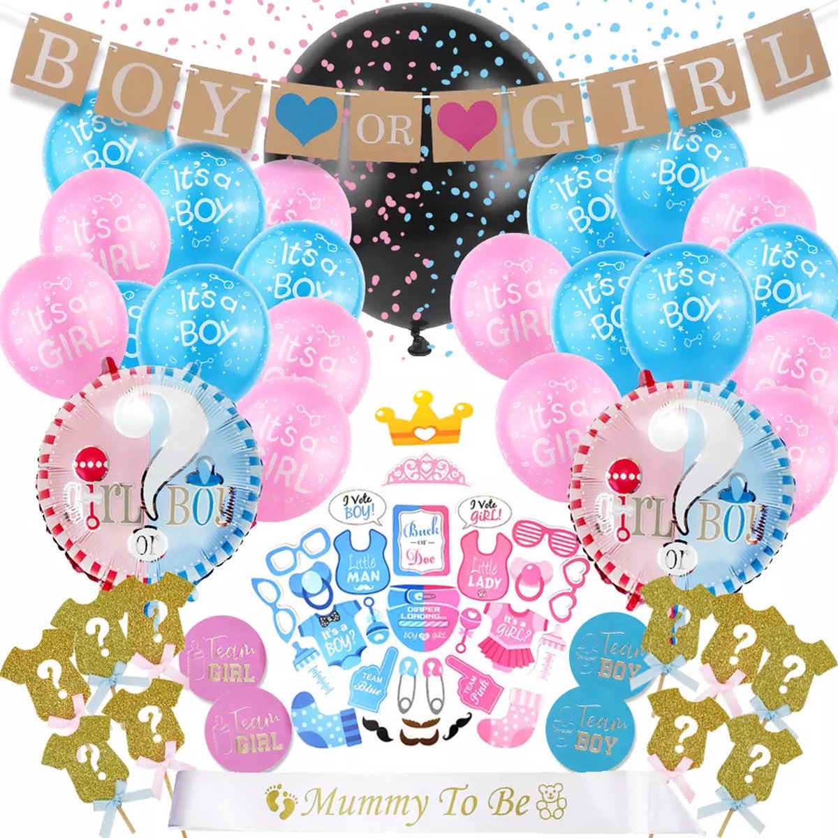 Gender Reveal versiering XL - Baby Shower - Decoratie set - Feestpakket - Slingers - Ballonnen - Decoratie - Cake Toppers - Sjerp - Photo Booth- vlaggenlijn - Geslacht bekendmaking