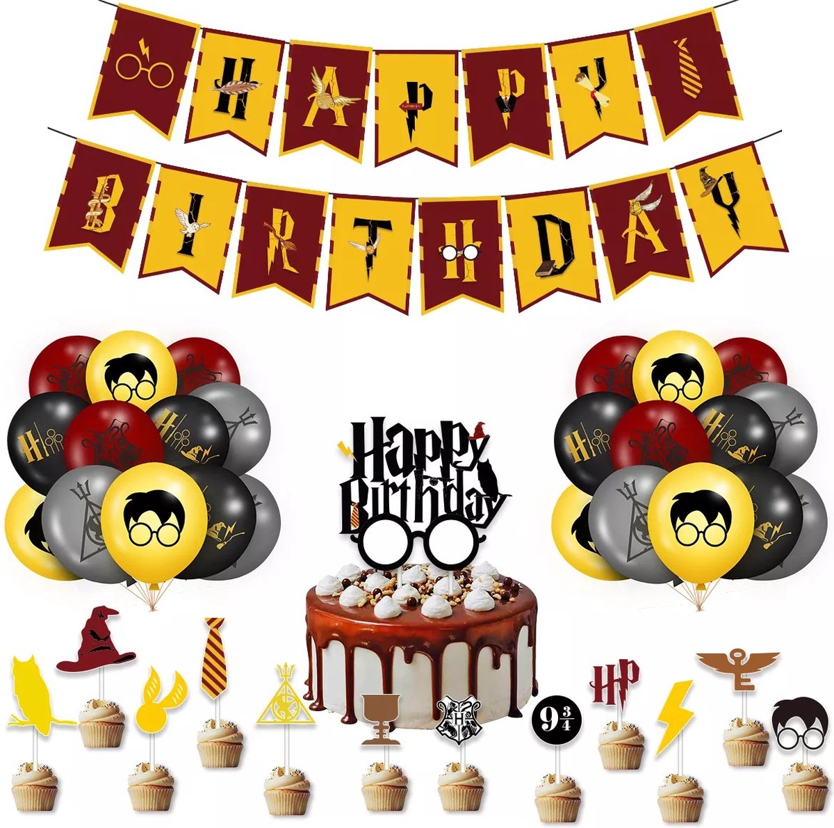 Harry Potter Verjaardag Versiering - Harry Potter Thema - Happy Birthday Slingers - Ballonnen - Decoratie - Cake Toppers - Taart Topper - Vlaggenlijn - Kinderfeestje - Harry Potter