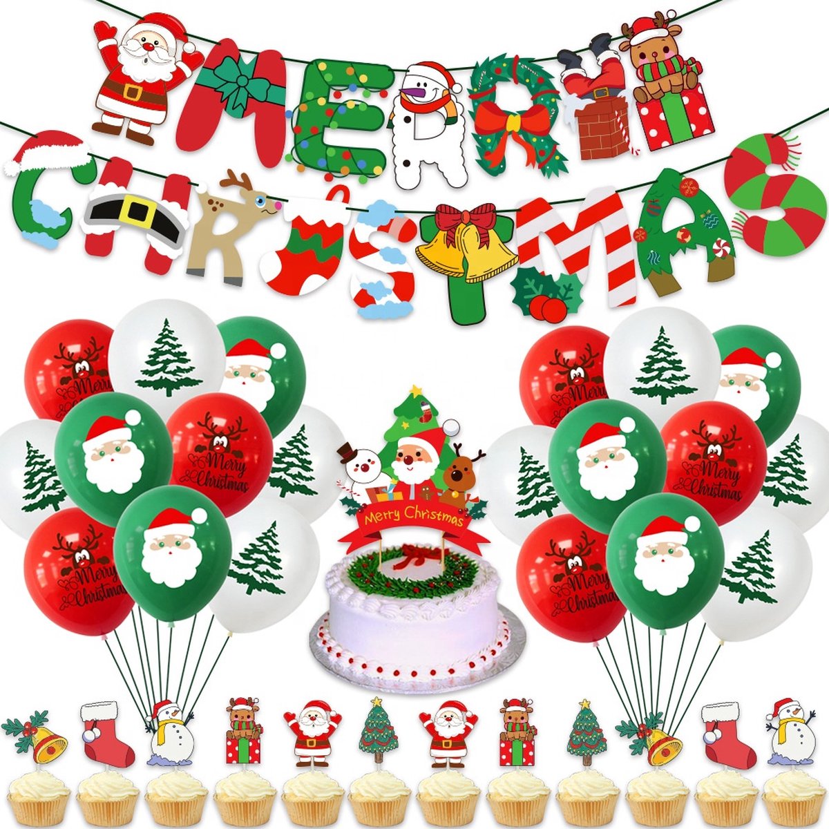 Kerst Versiering - Merry Christmas Decoratie - Ballonnen - Slingers - Cake Toppers - Taart Topper - Vlaggenlijn - Christmas