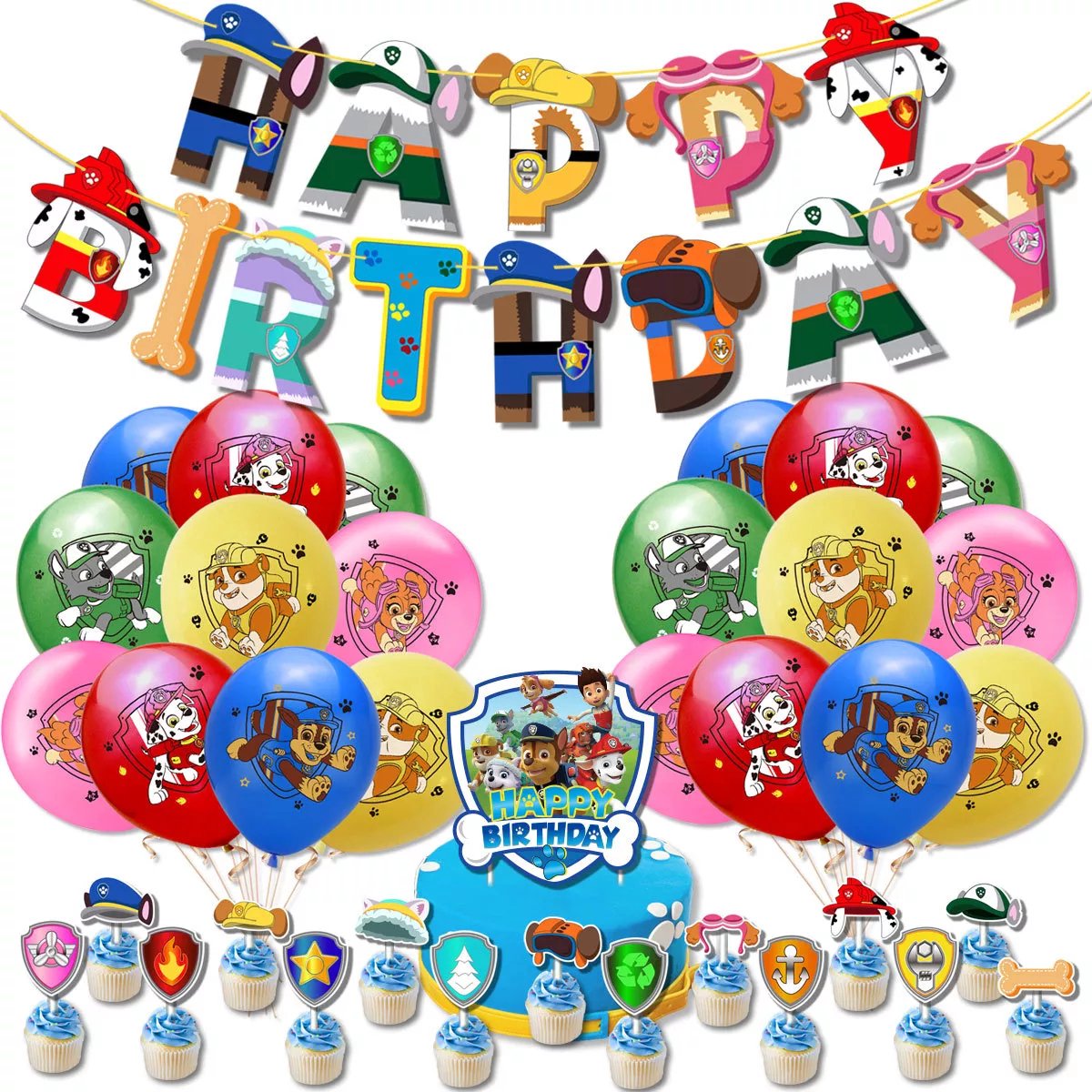 Paw Patrol verjaardag Versiering - Paw Patrol Thema - Happy Birthday Slingers - Ballonnen - Decoratie - Cake Toppers - Taart Topper - Vlaggenlijn - Kinderfeestje - Paw Patrol