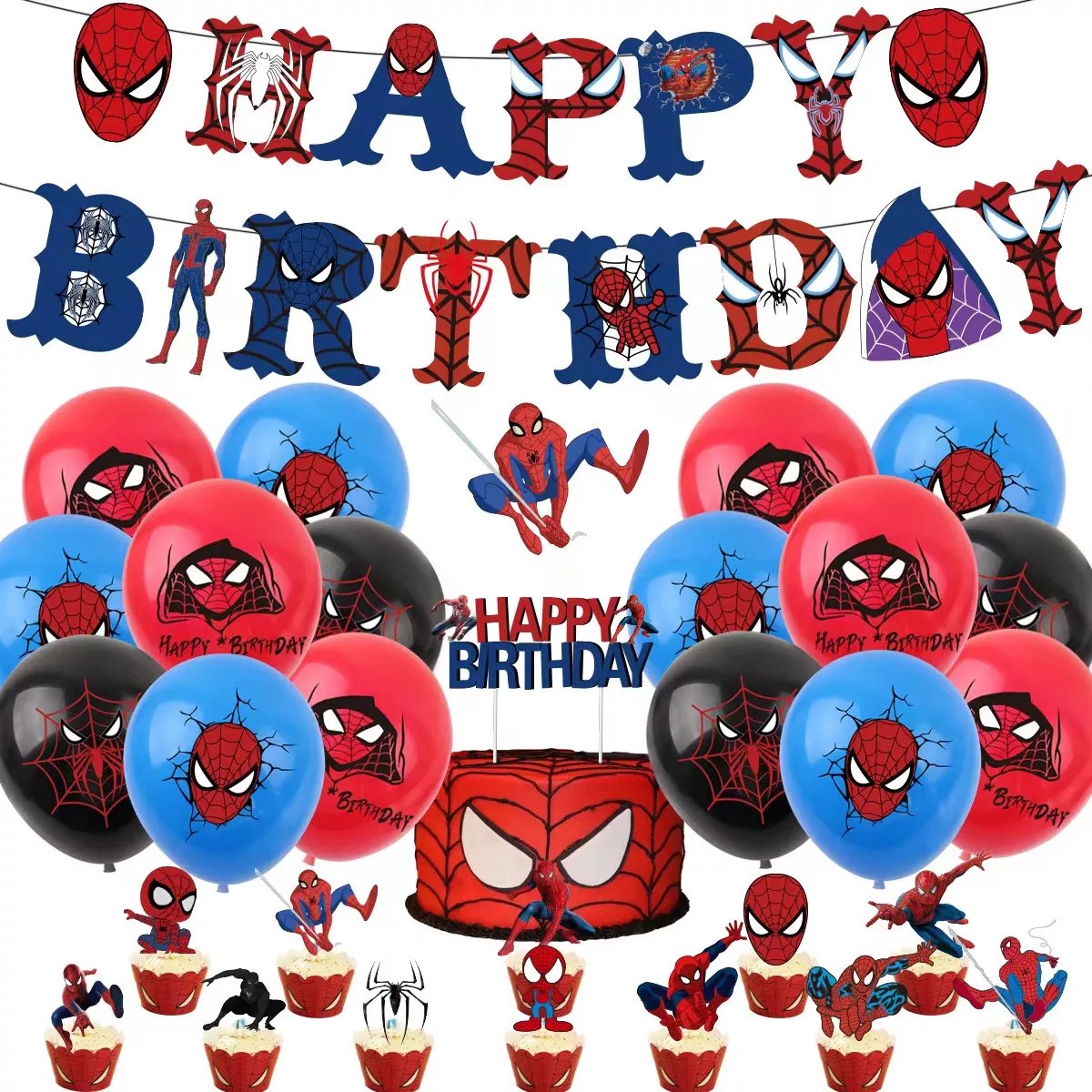 Spiderman Verjaardag Versiering - Spiderman Thema - Happy Birthday Slingers - Ballonnen - Decoratie - Cake Toppers - Taart Topper - Vlaggenlijn - Kinderfeestje - Spiderman